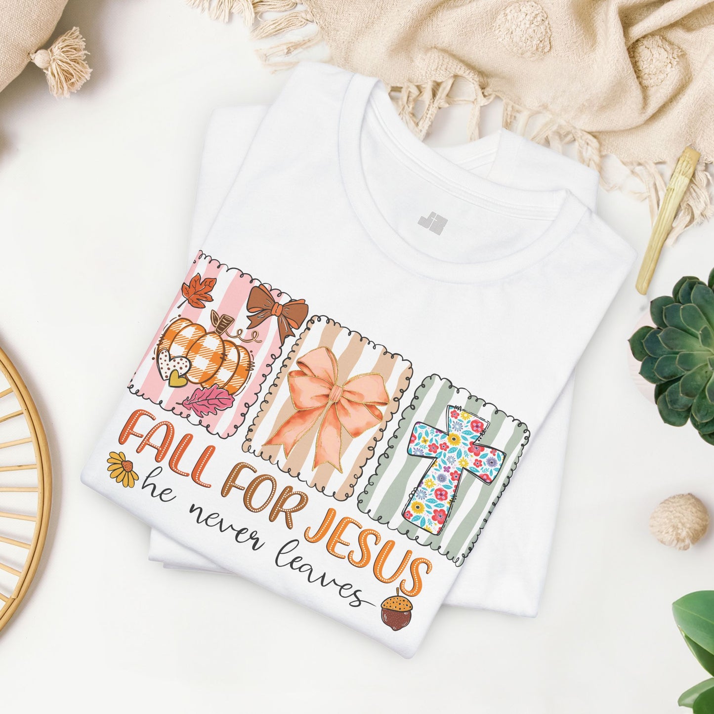 Fall For Jesus He Never Leaves Soft Cotton Tee - Fall Christian Shirt