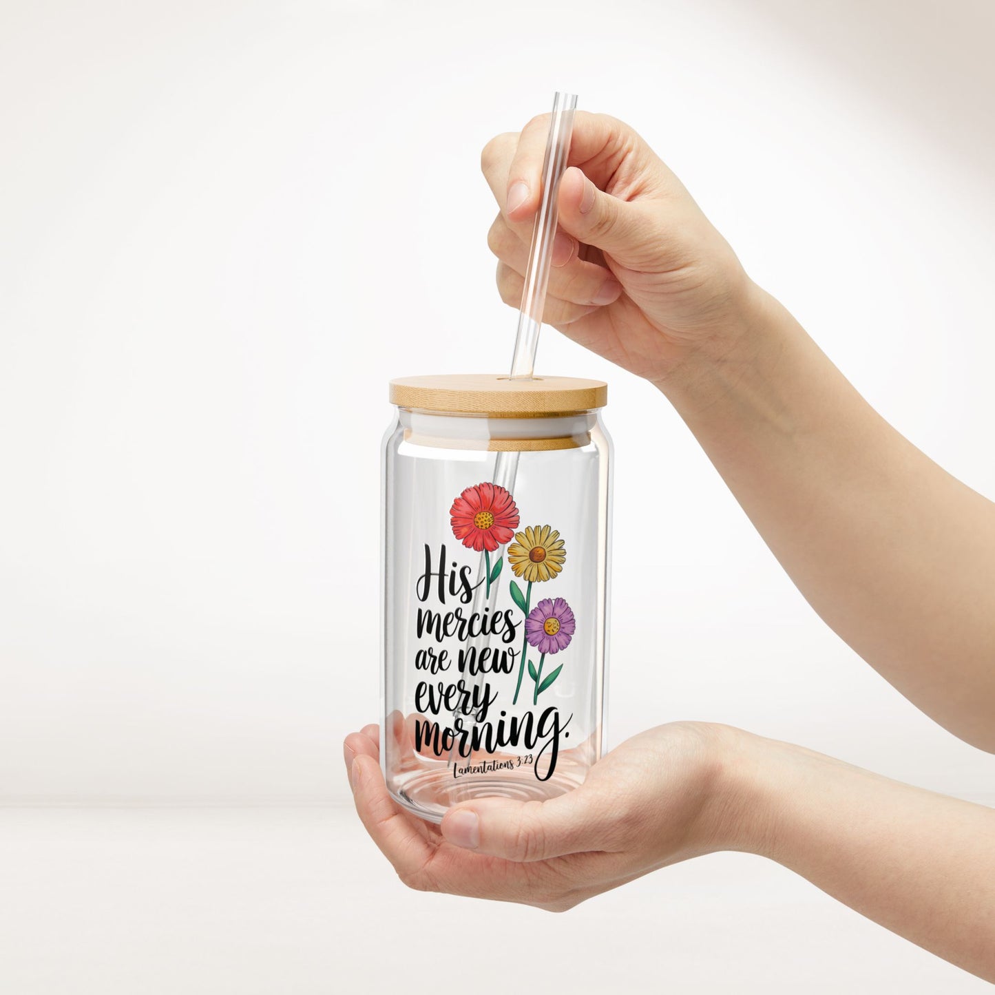 His Mercies Are New Every Morning Sipper Glass with Bamboo Lid & Straw - 16 oz
