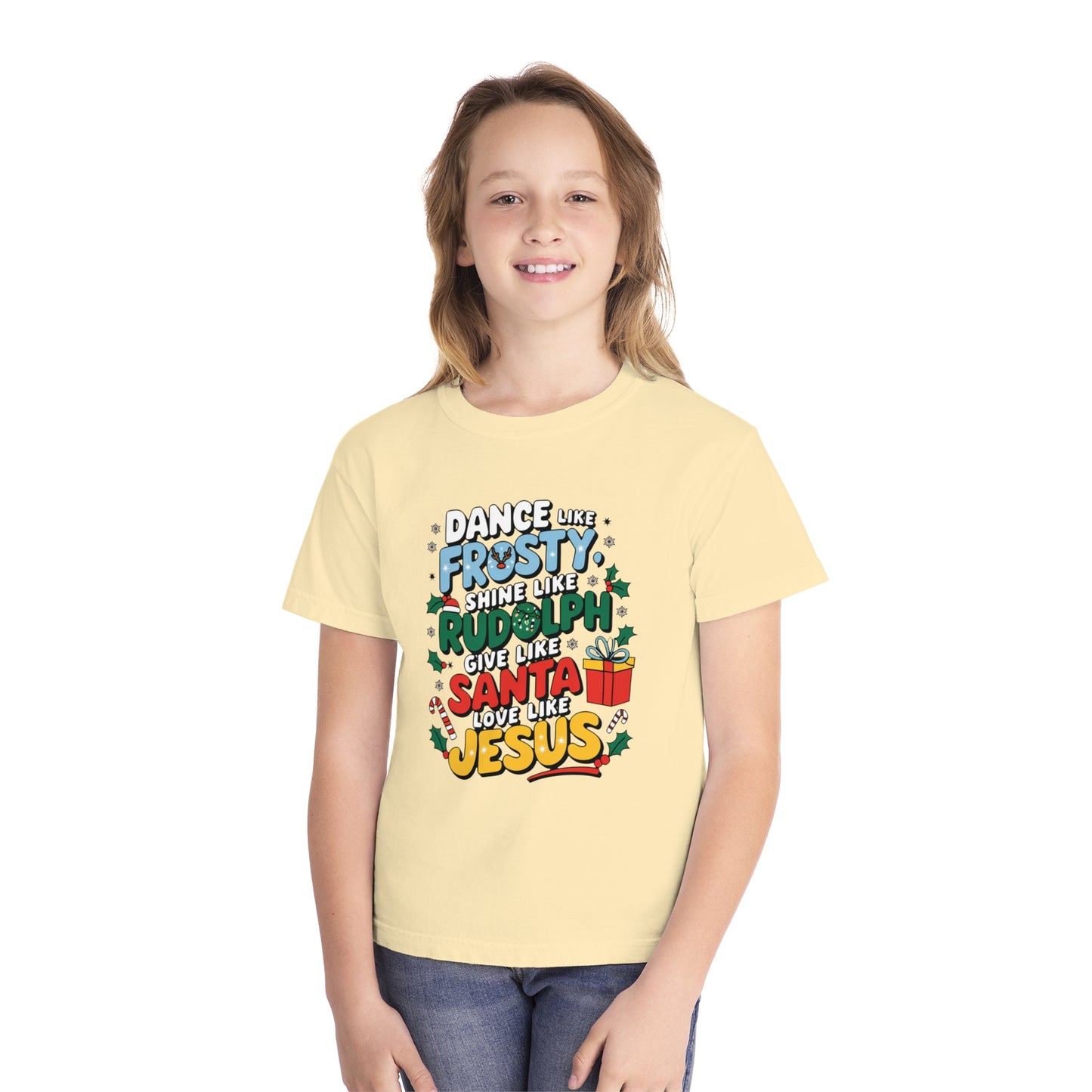 Dance Like Frosty, Shine Like Rudolph, Give Like Santa, Love Like Jesus Youth Christian Tee - Youth Christmas Shirt