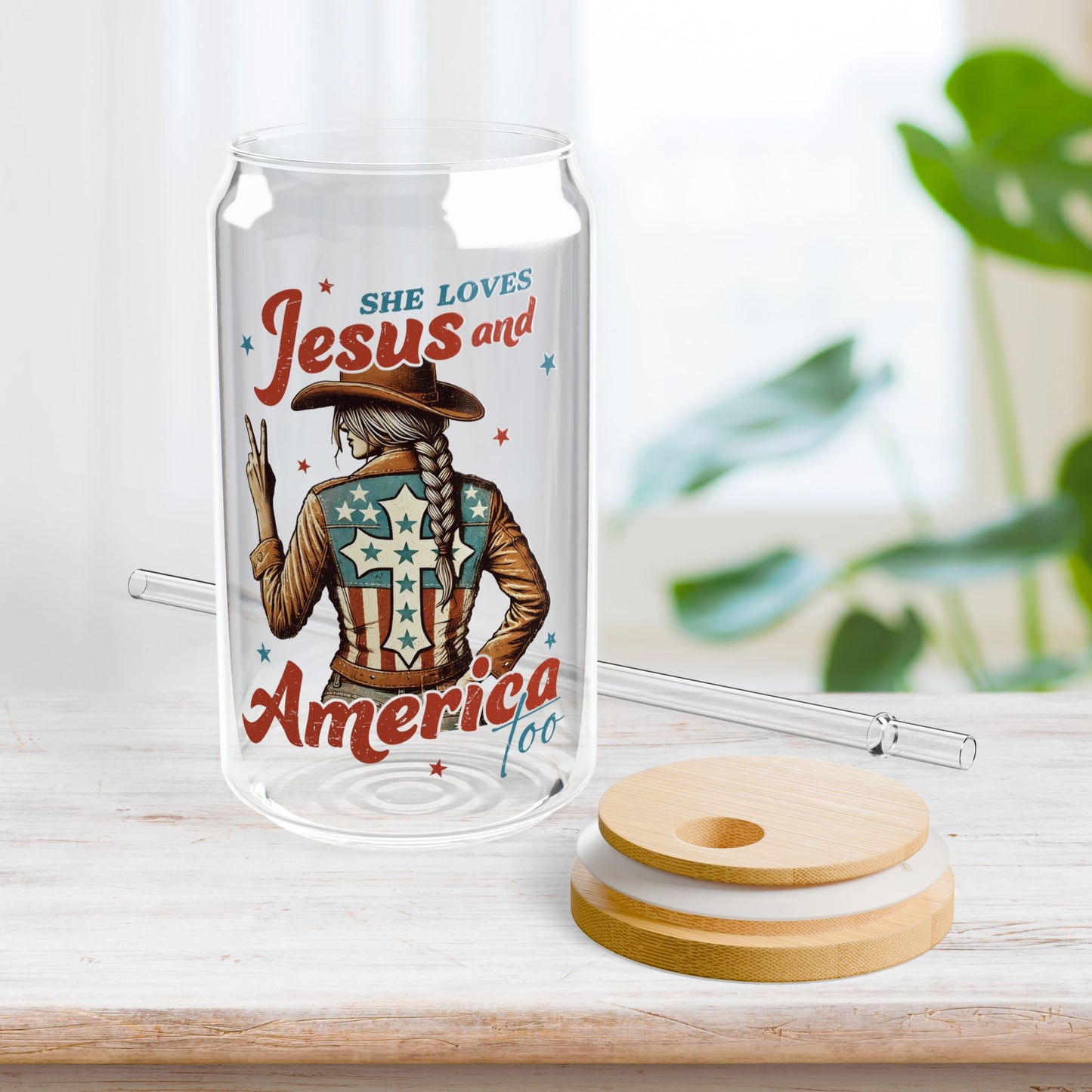 She Loves Jesus and America Too Sipper Glass with Bamboo Lid & Straw - 16 oz