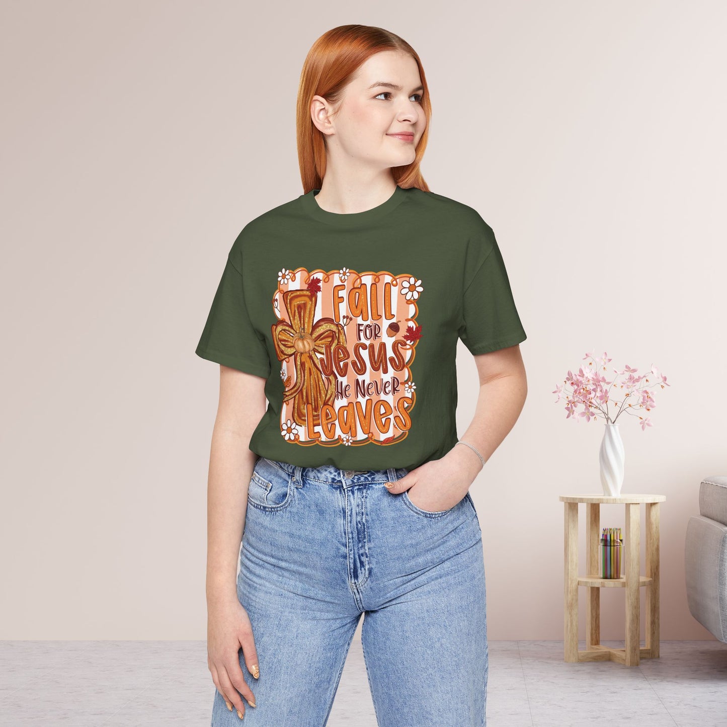 Fall for Jesus He Never Leaves Soft Cotton Tee - Fall Christian Tee