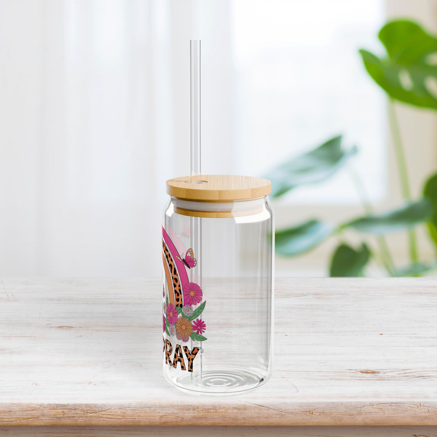 Just Pray Sipper Glass with Bamboo Lid & Straw - 16 oz