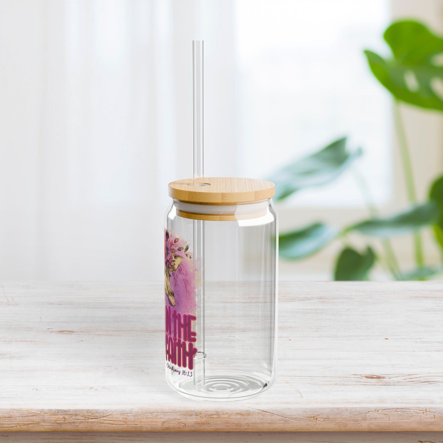 Stand Tall in the Faith Sipper Glass with Bamboo Lid & Straw - 16 oz