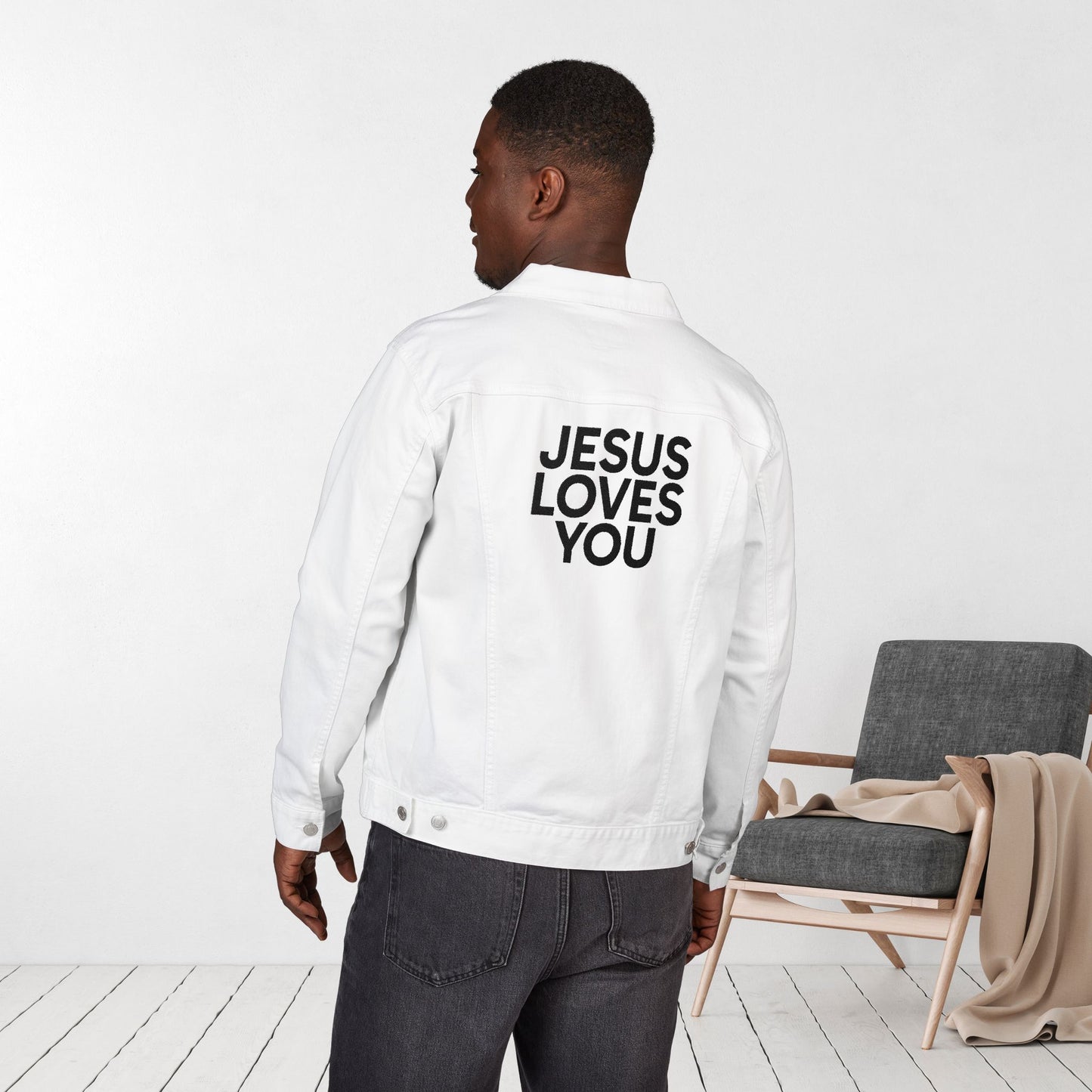 Embroidered Jesus Loves You Unisex Denim Jacket