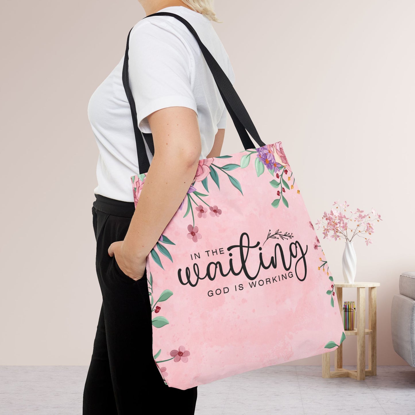 In The Waiting God is Working Tote Bag - Christian Tote Bag