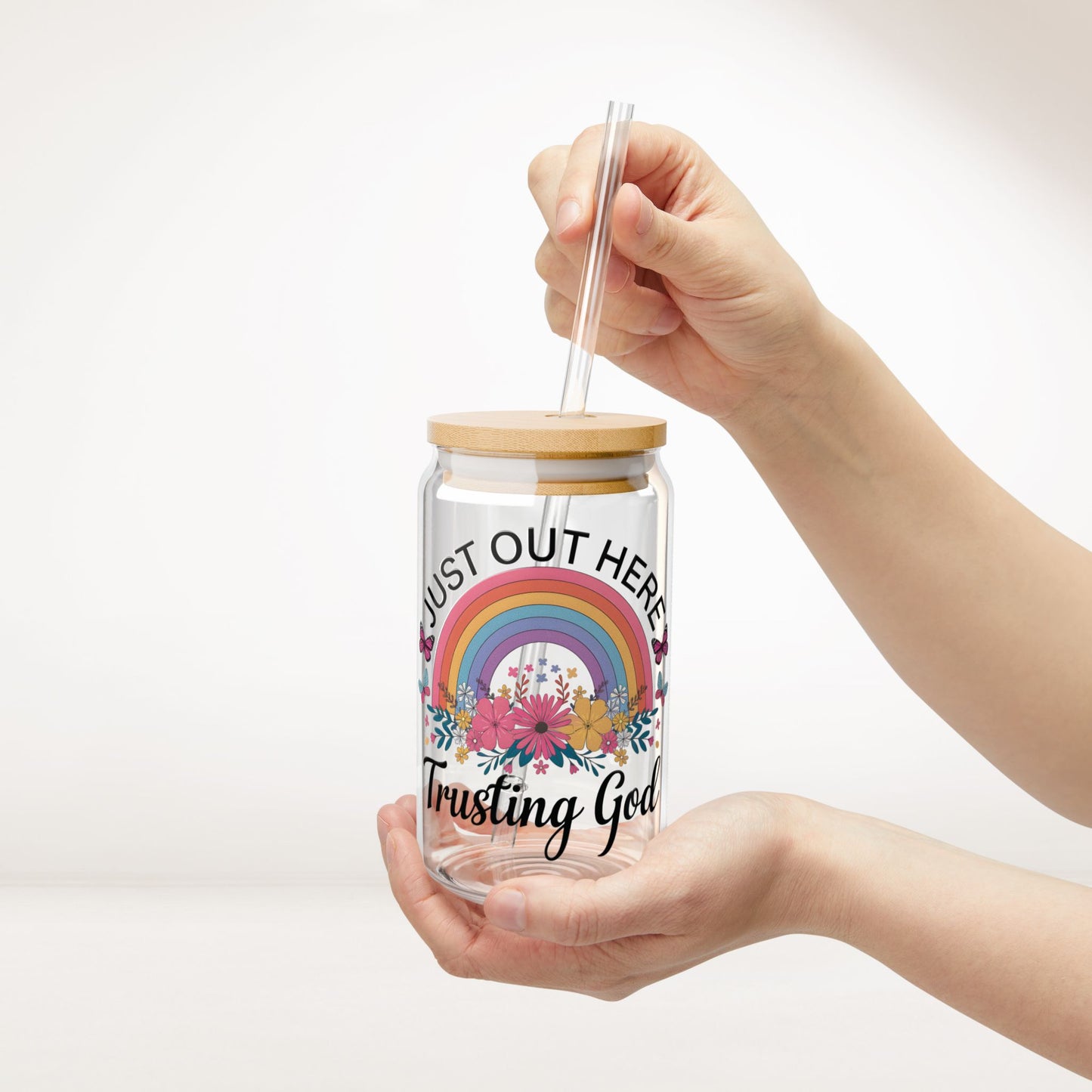 Just Out Here Trusting God Sipper Glass with Bamboo Lid & Straw - 16 oz