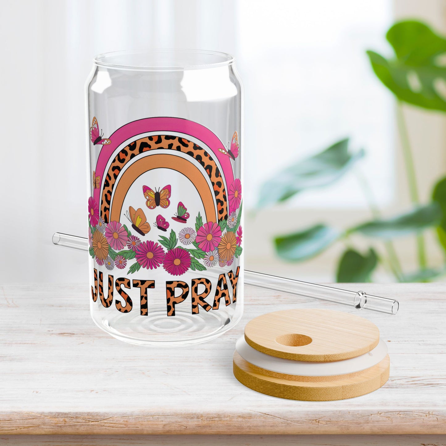 Just Pray Sipper Glass with Bamboo Lid & Straw - 16 oz