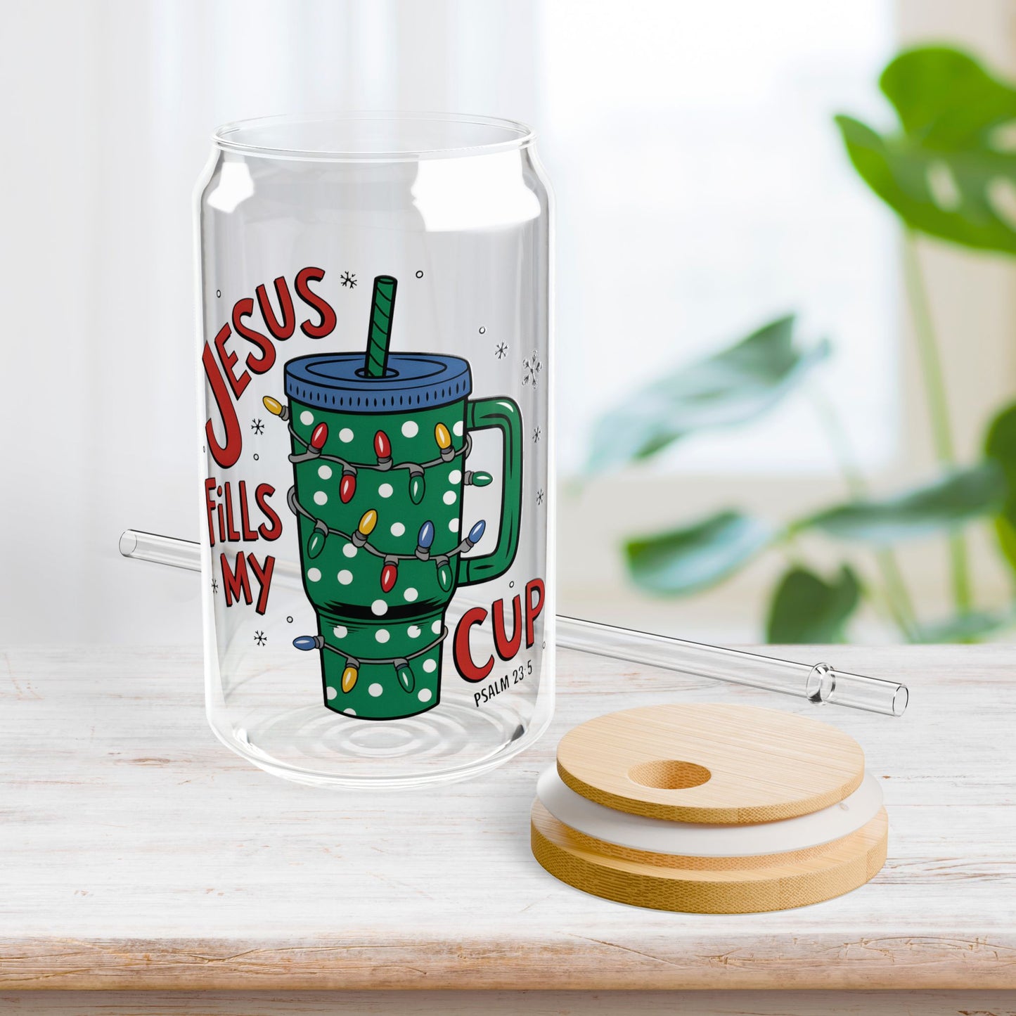 Jesus Fills My Cup Sipper Glass with Bamboo Lid & Straw - 16 oz