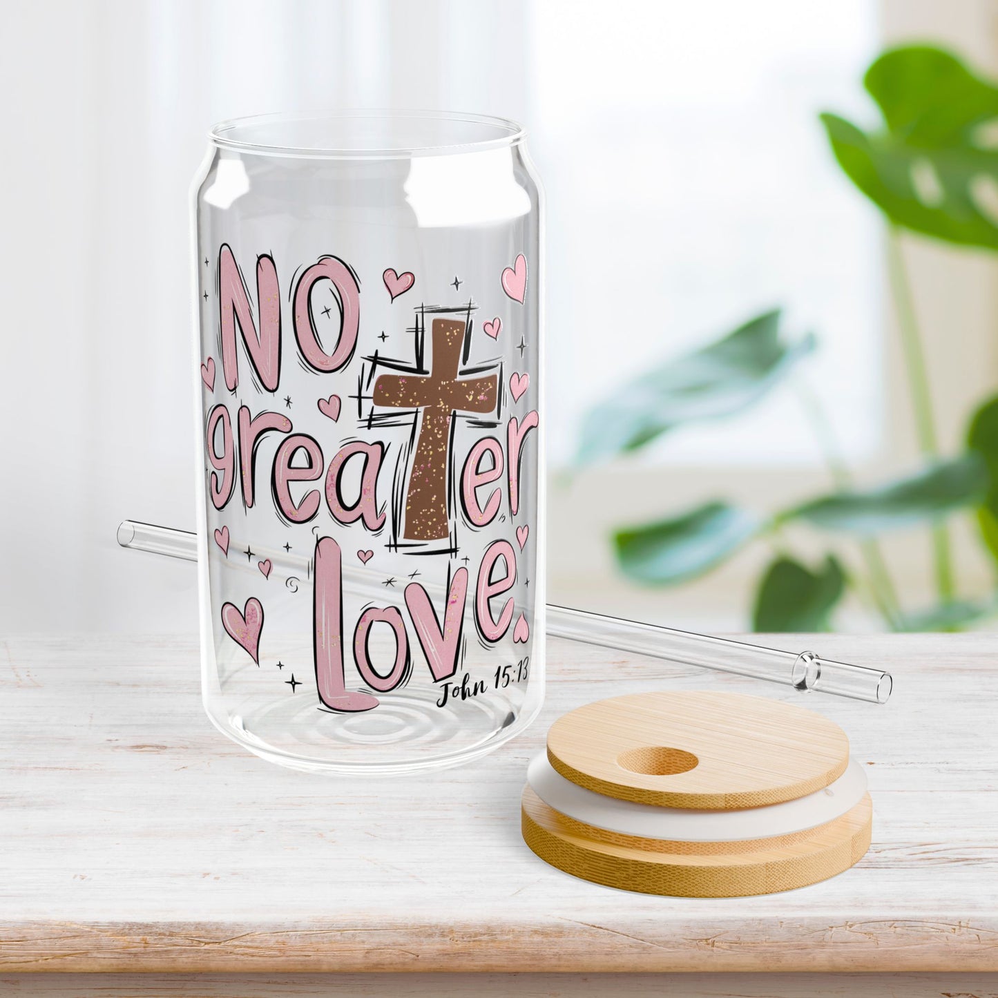 No Greater Love Sipper Glass with Bamboo Lid & Straw - 16 oz