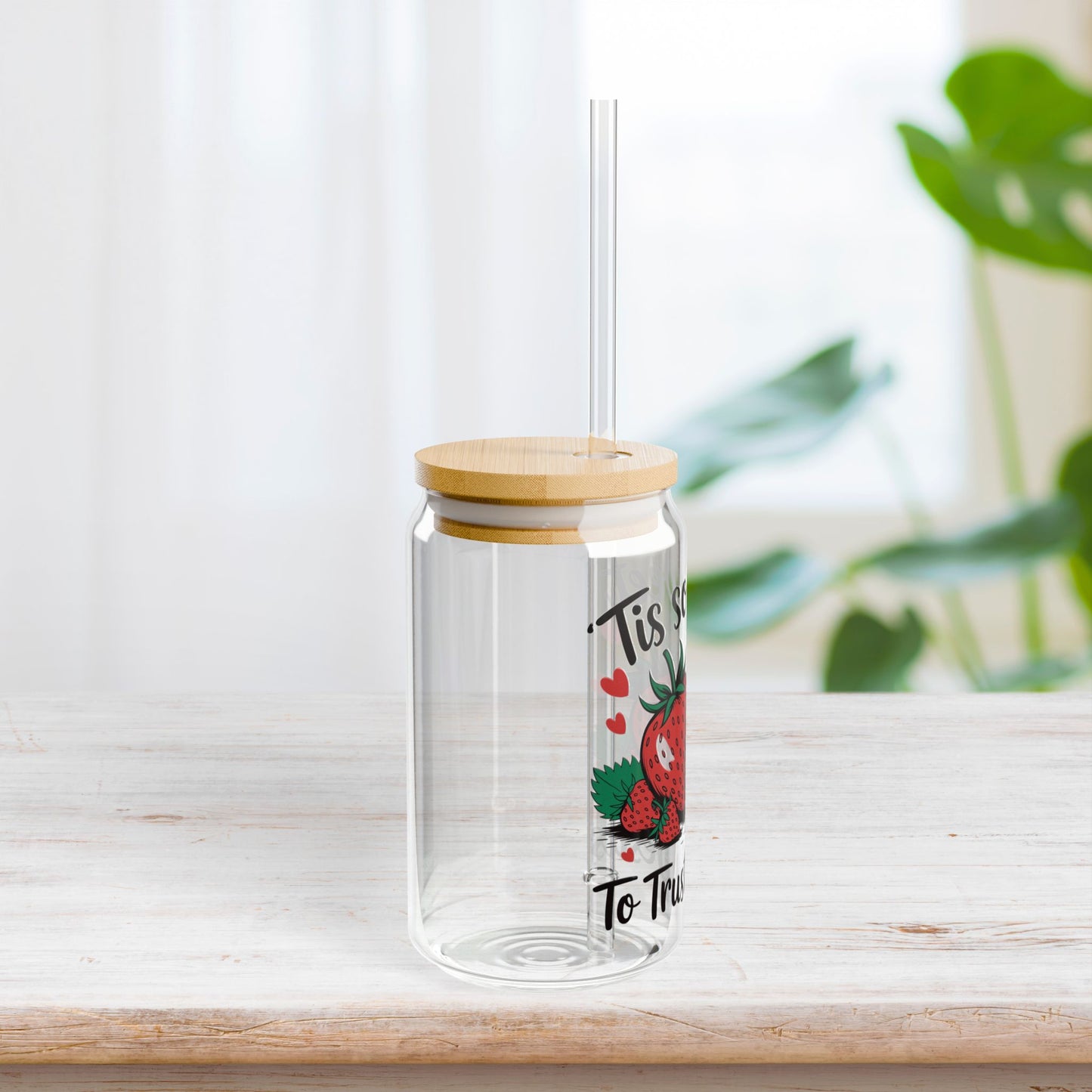 'Tis So Sweet to trust in Jesus Sipper Glass with Bamboo Lid & Straw - 16 oz
