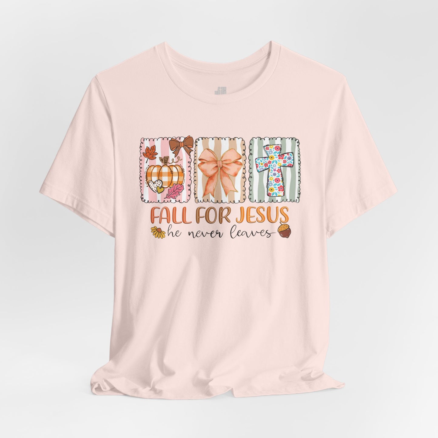 Fall For Jesus He Never Leaves Soft Cotton Tee - Fall Christian Shirt