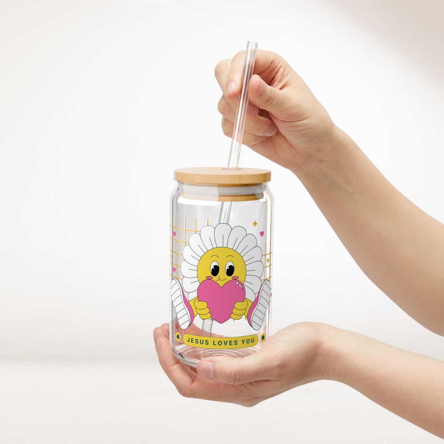 Jesus Loves You Sipper Glass with Bamboo Lid & Straw - 16 oz