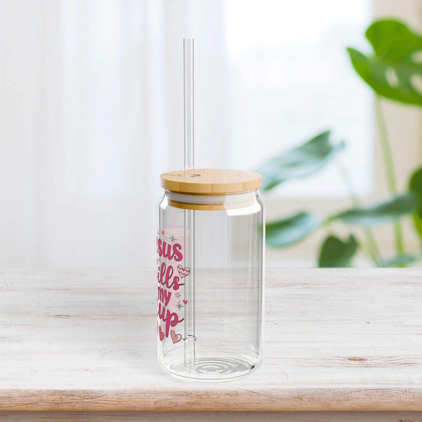 Jesus Fills My Cup Sipper Glass with Bamboo Lid & Straw - 16 oz