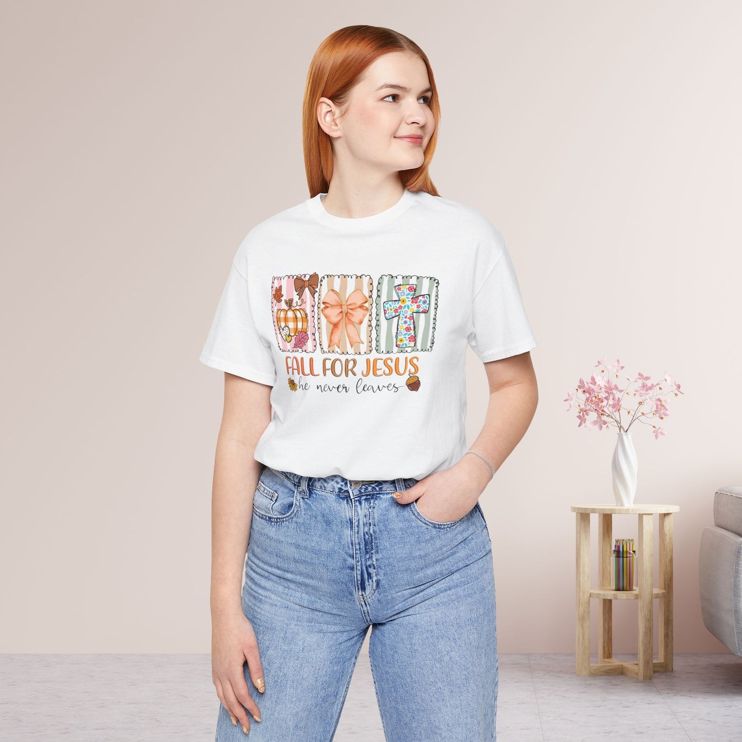Fall For Jesus He Never Leaves Soft Cotton Tee - Fall Christian Shirt