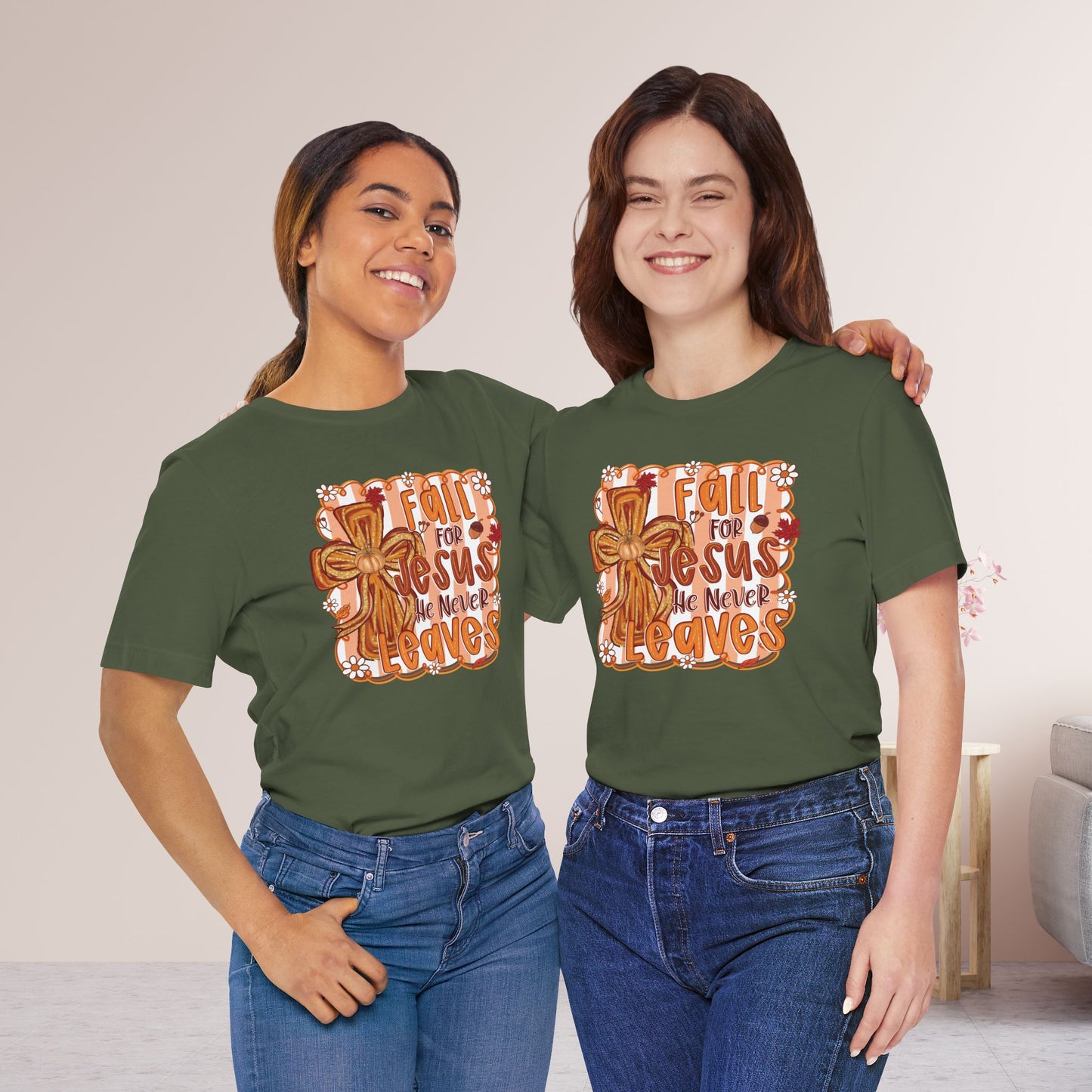 Fall for Jesus He Never Leaves Soft Cotton Tee - Fall Christian Tee