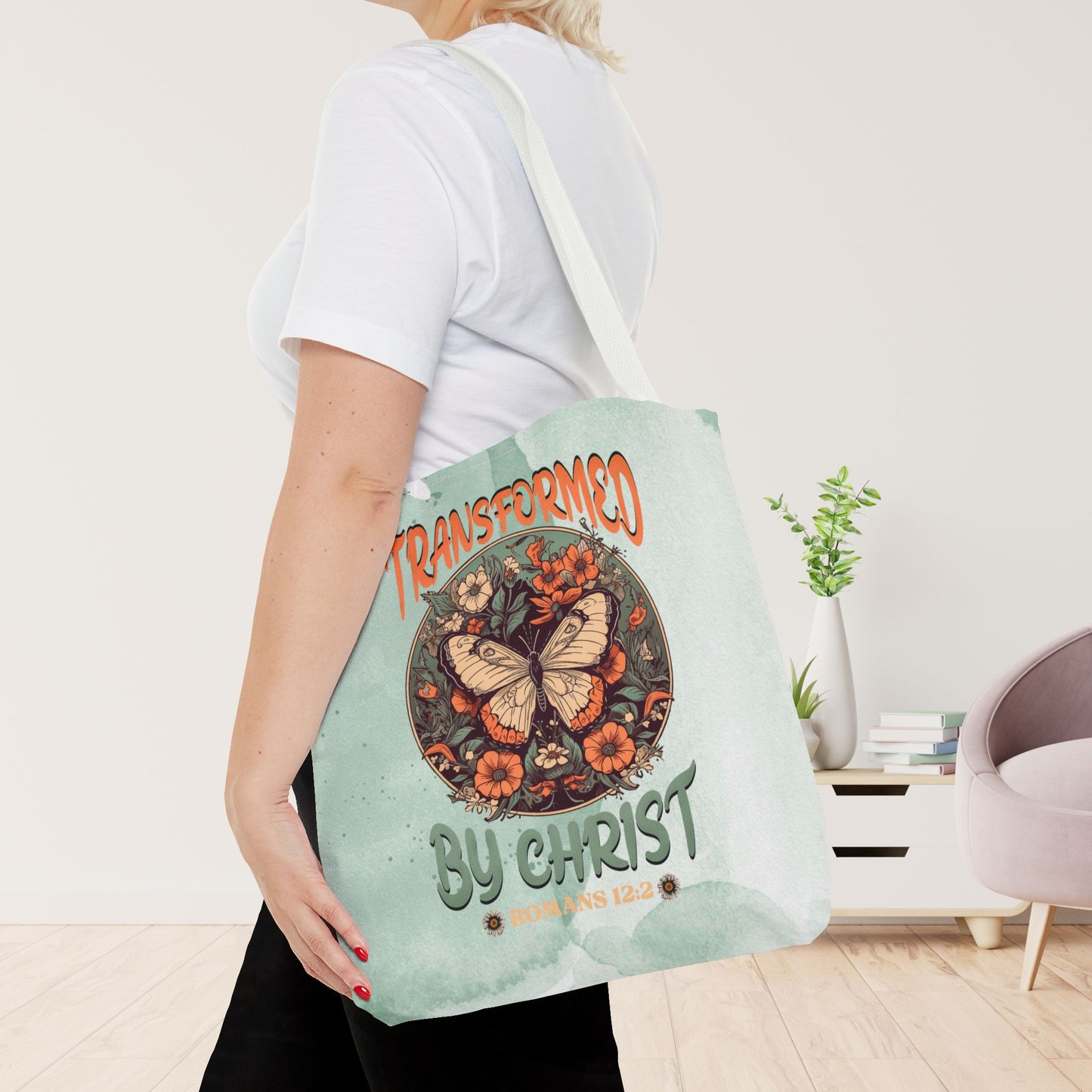 Transformed by Christ Romans 12:2 Tote Bag - Christian Tote Bag - 16"