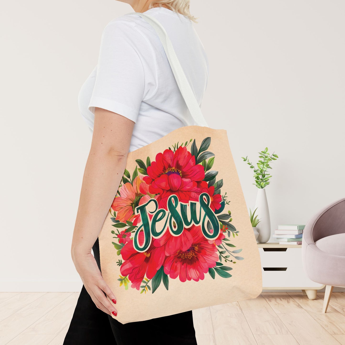 Floral Jesus Tote Bag - Christian Tote Bag - 16"