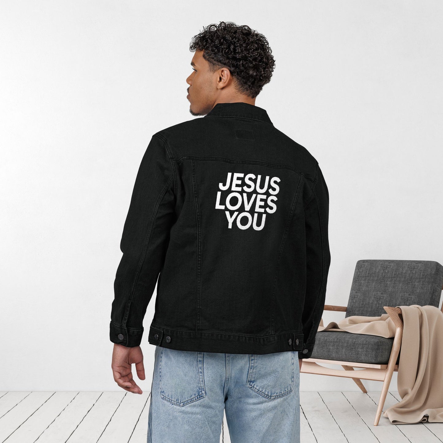 Embroidered Jesus Loves You Unisex Denim Jacket
