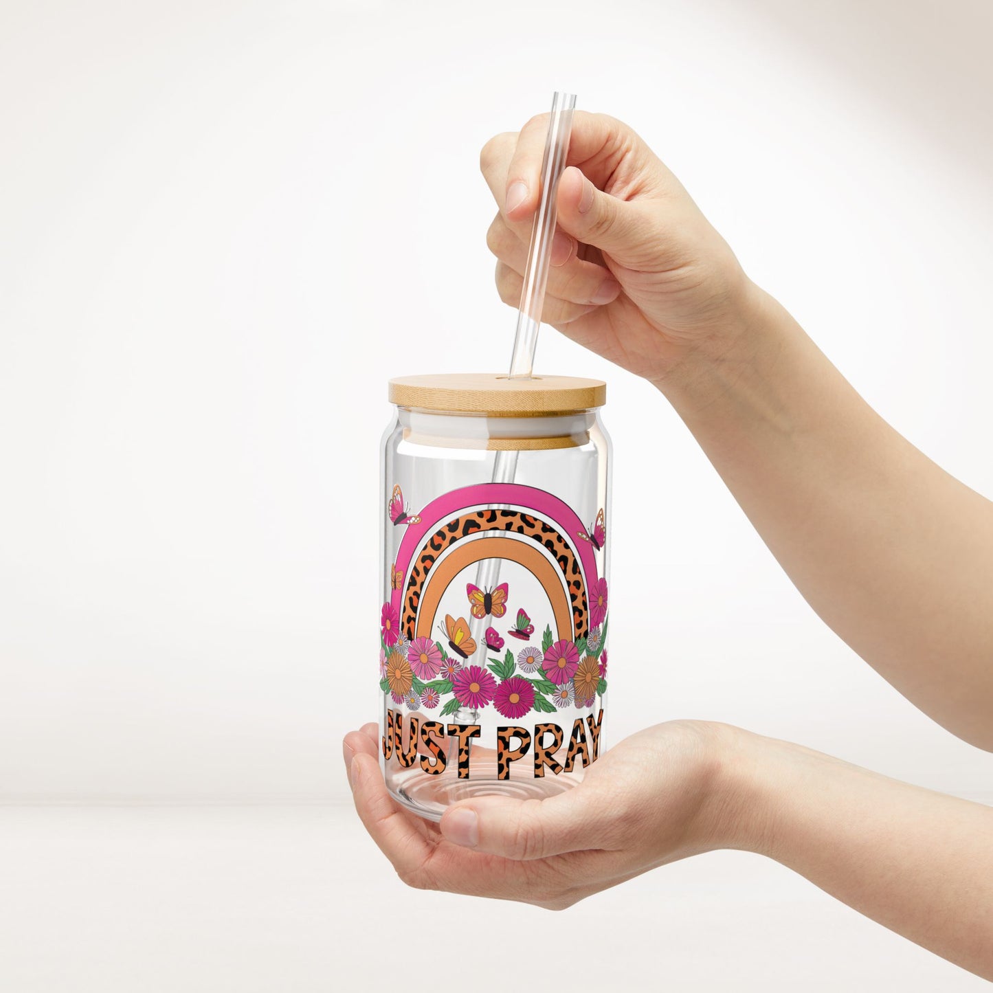 Just Pray Sipper Glass with Bamboo Lid & Straw - 16 oz