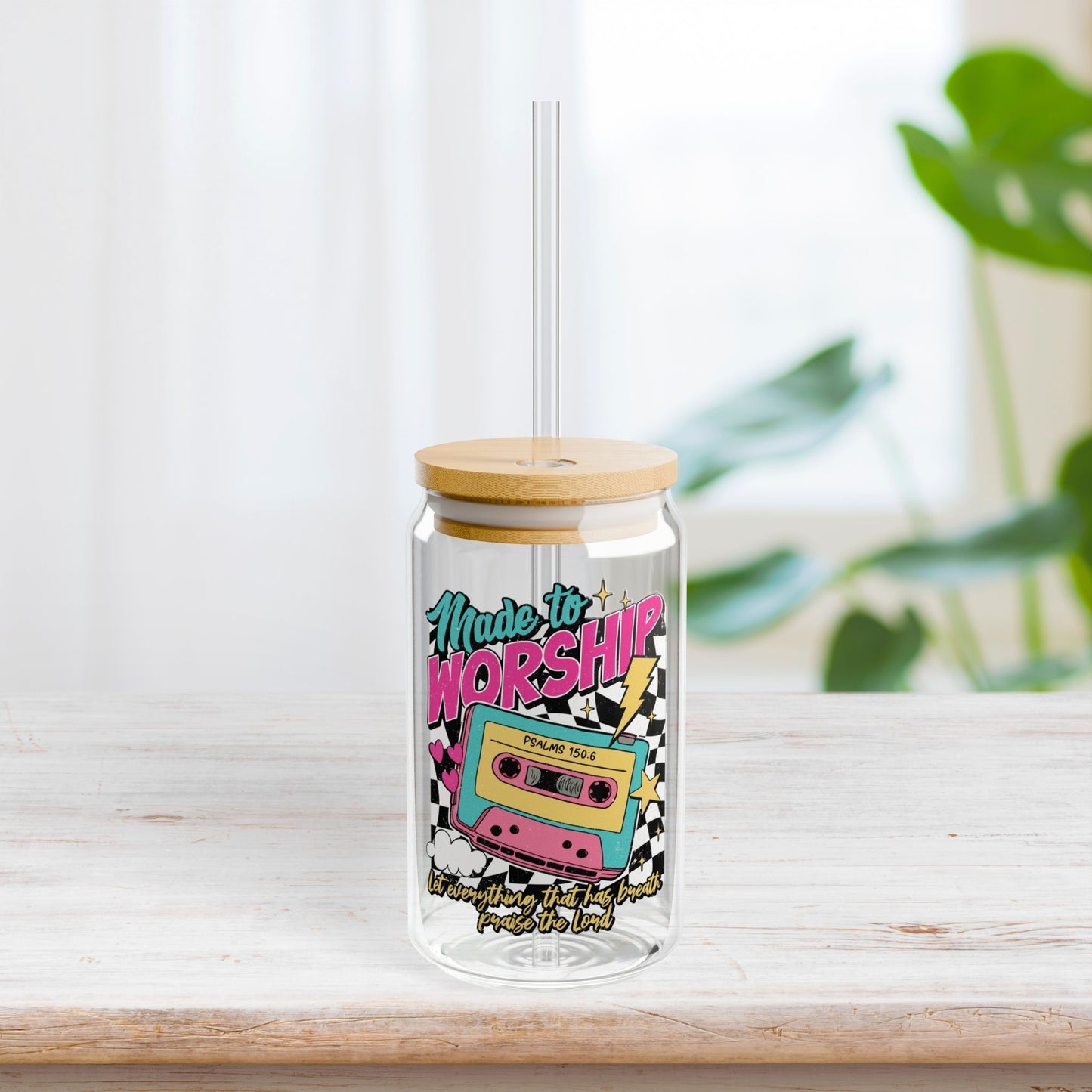 Made to Worship Sipper Glass with Bamboo Lid & Straw - 16 oz