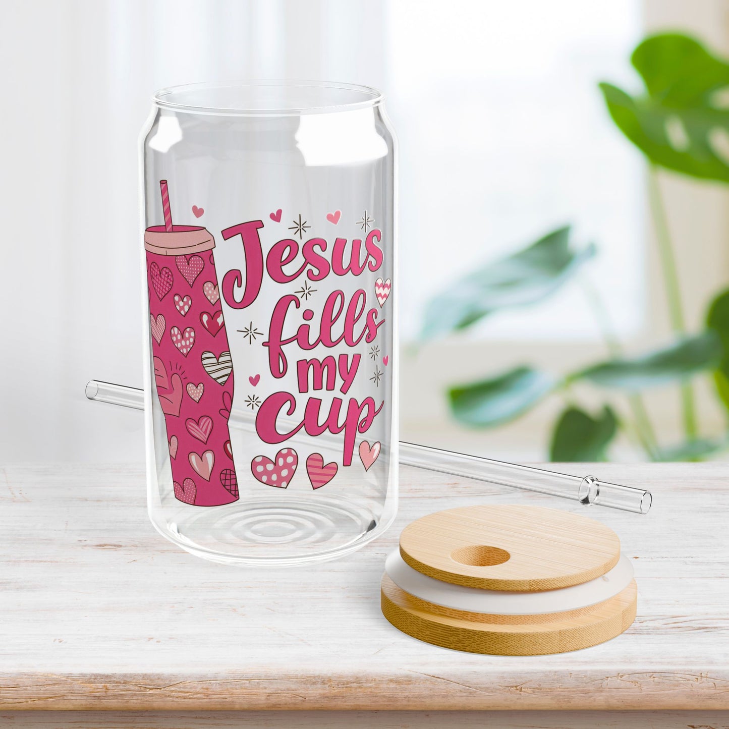 Jesus Fills My Cup Sipper Glass with Bamboo Lid & Straw - 16 oz