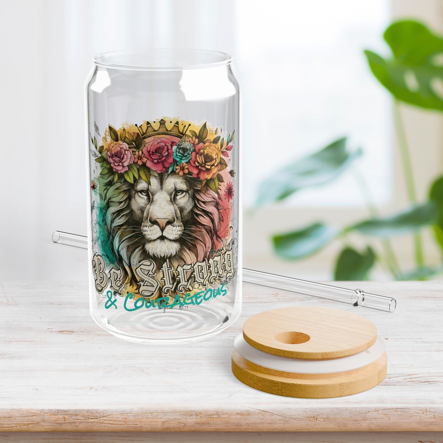Be Strong and Courageous Sipper Glass with Bamboo Lid & Straw - 16 oz