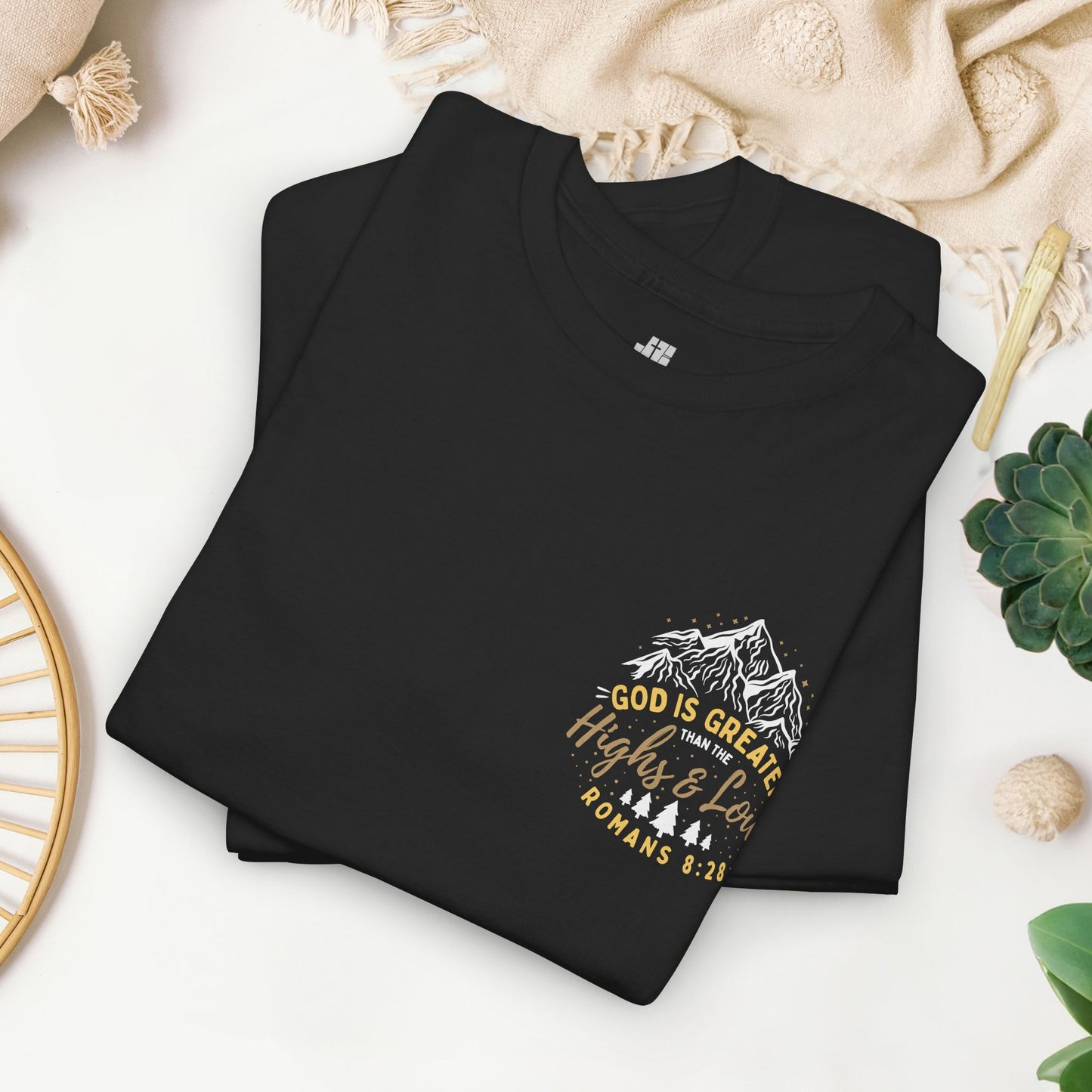 God is Greater Heavy Cotton Tee - Romans 8:28