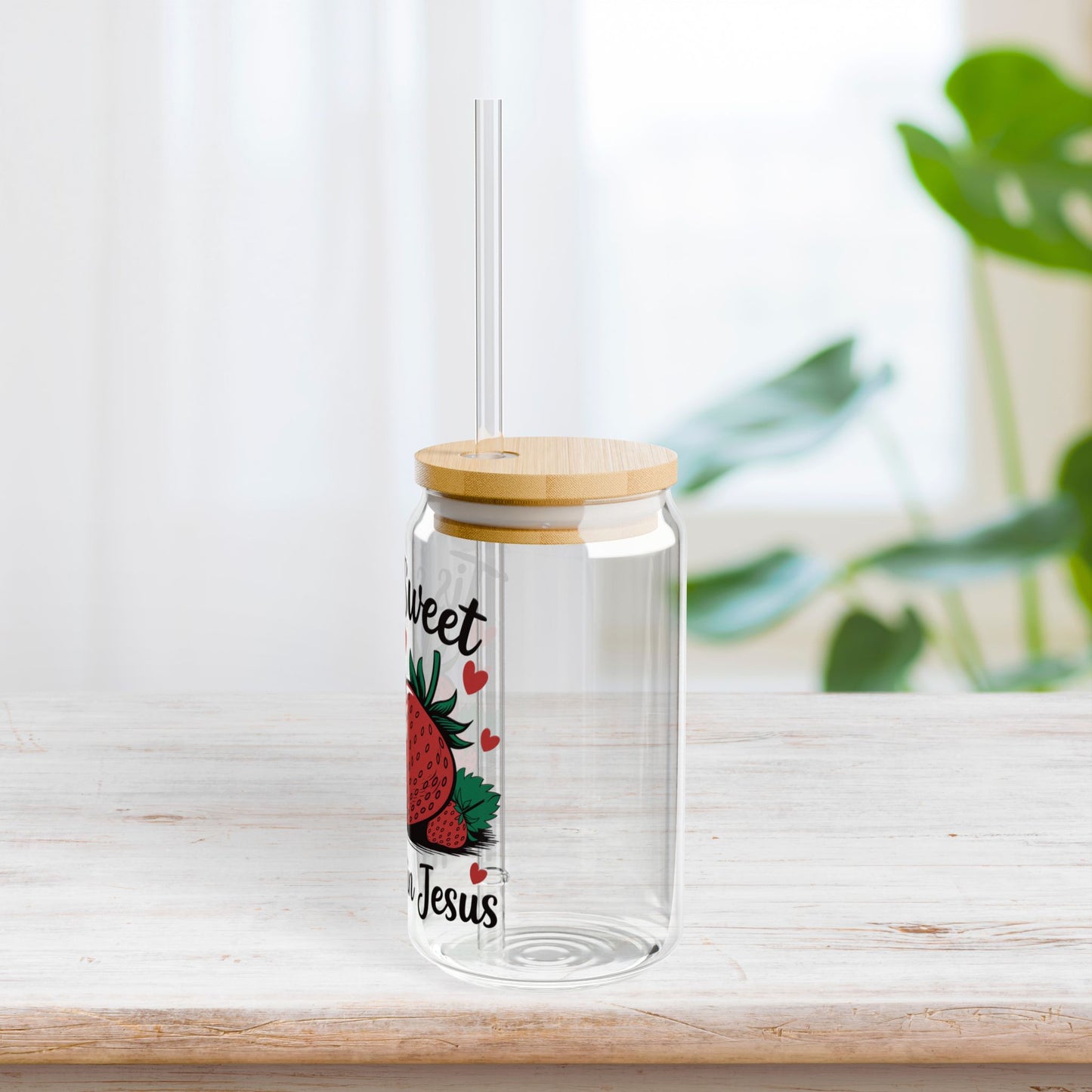 'Tis So Sweet to trust in Jesus Sipper Glass with Bamboo Lid & Straw - 16 oz