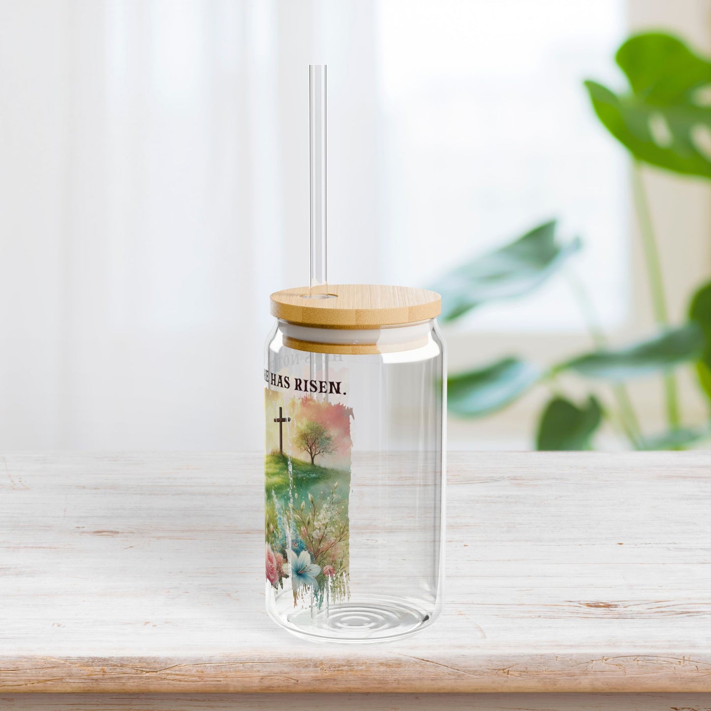 He Has Risen Sipper Glass with Bamboo Lid & Straw - 16 oz