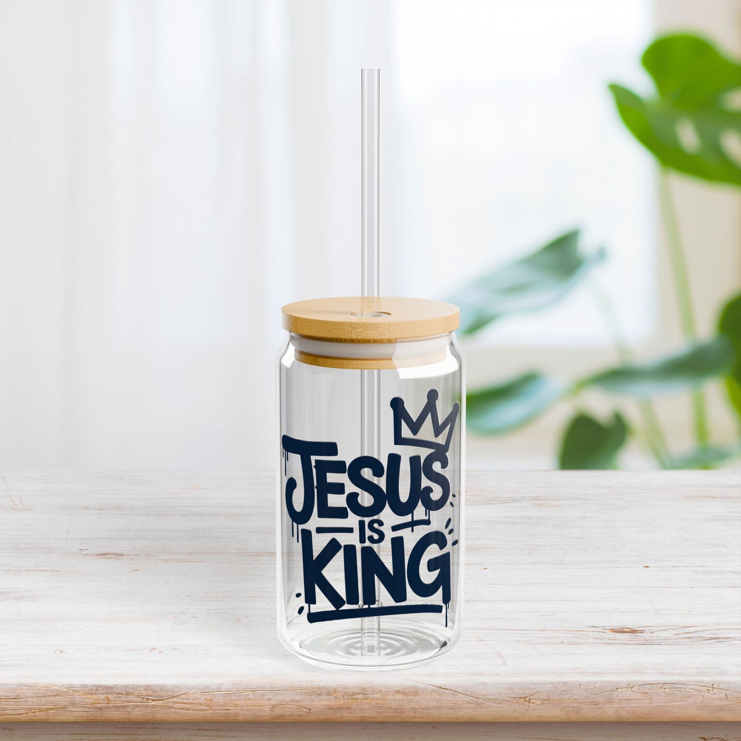 Jesus is King Sipper Glass with Bamboo Lid & Straw - 16 oz