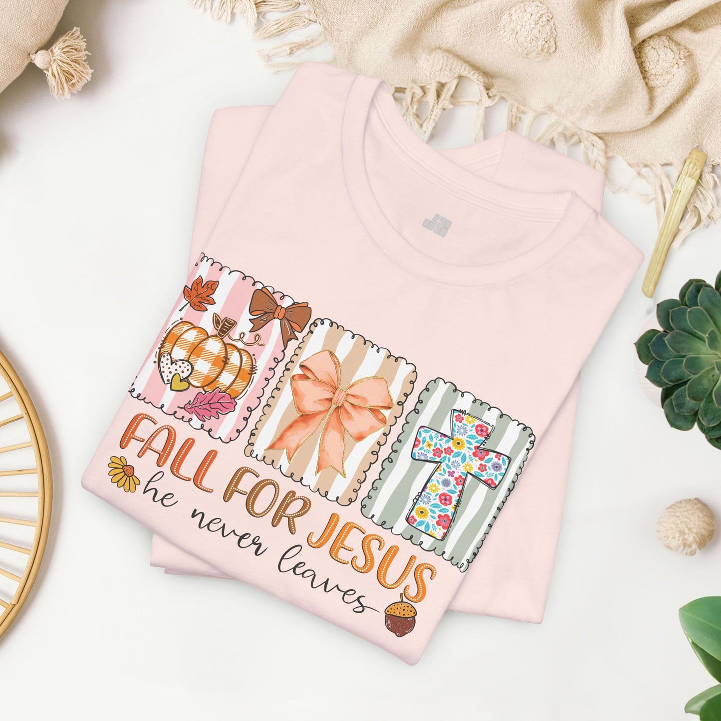 Fall For Jesus He Never Leaves Soft Cotton Tee - Fall Christian Shirt