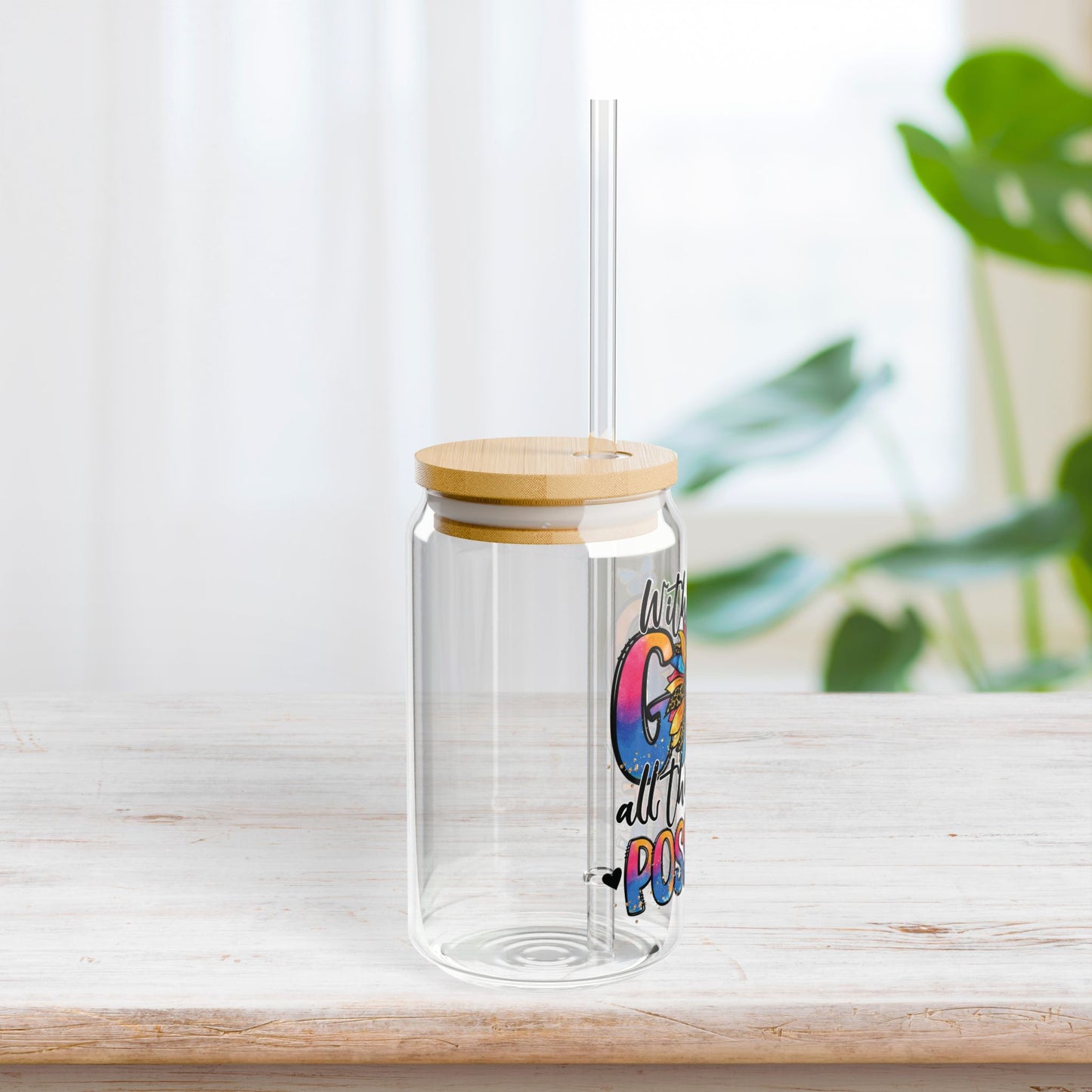 With God All Things Are Possible Sipper Glass with Bamboo Lid & Straw - 16 oz