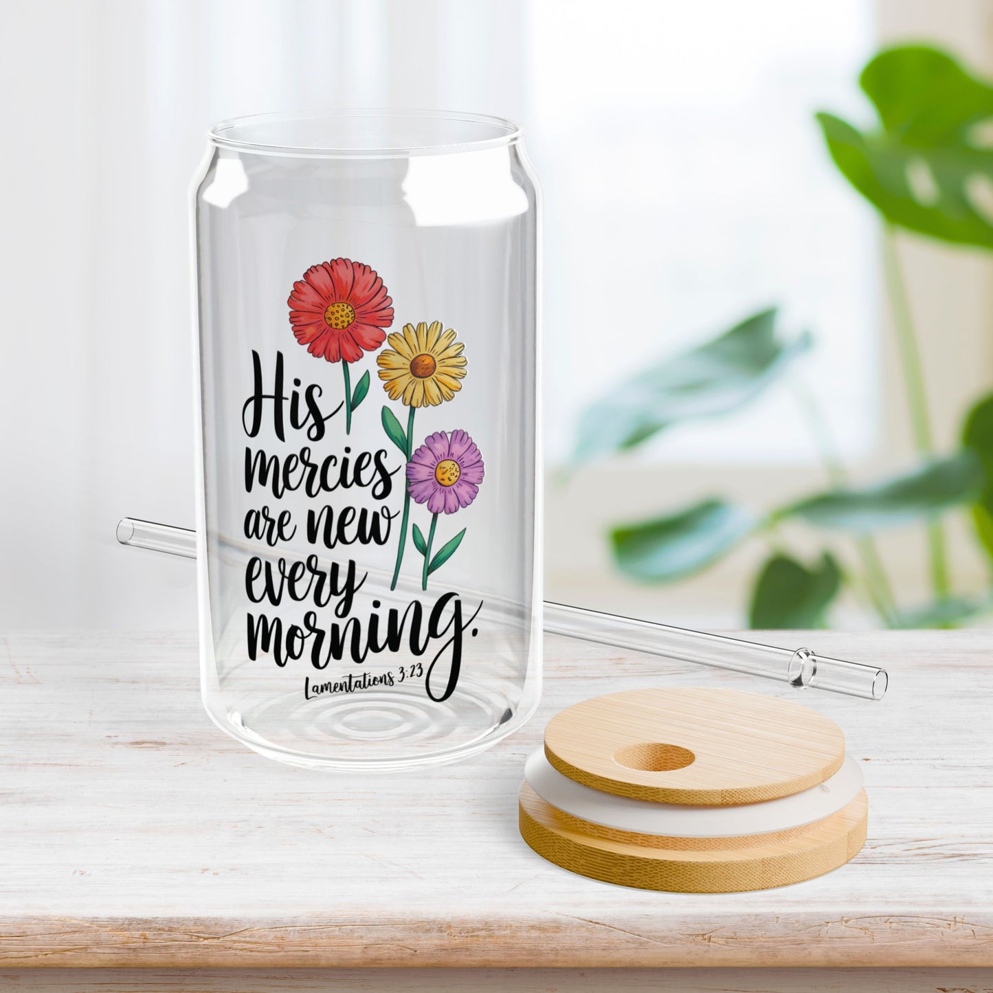 His Mercies Are New Every Morning Sipper Glass with Bamboo Lid & Straw - 16 oz