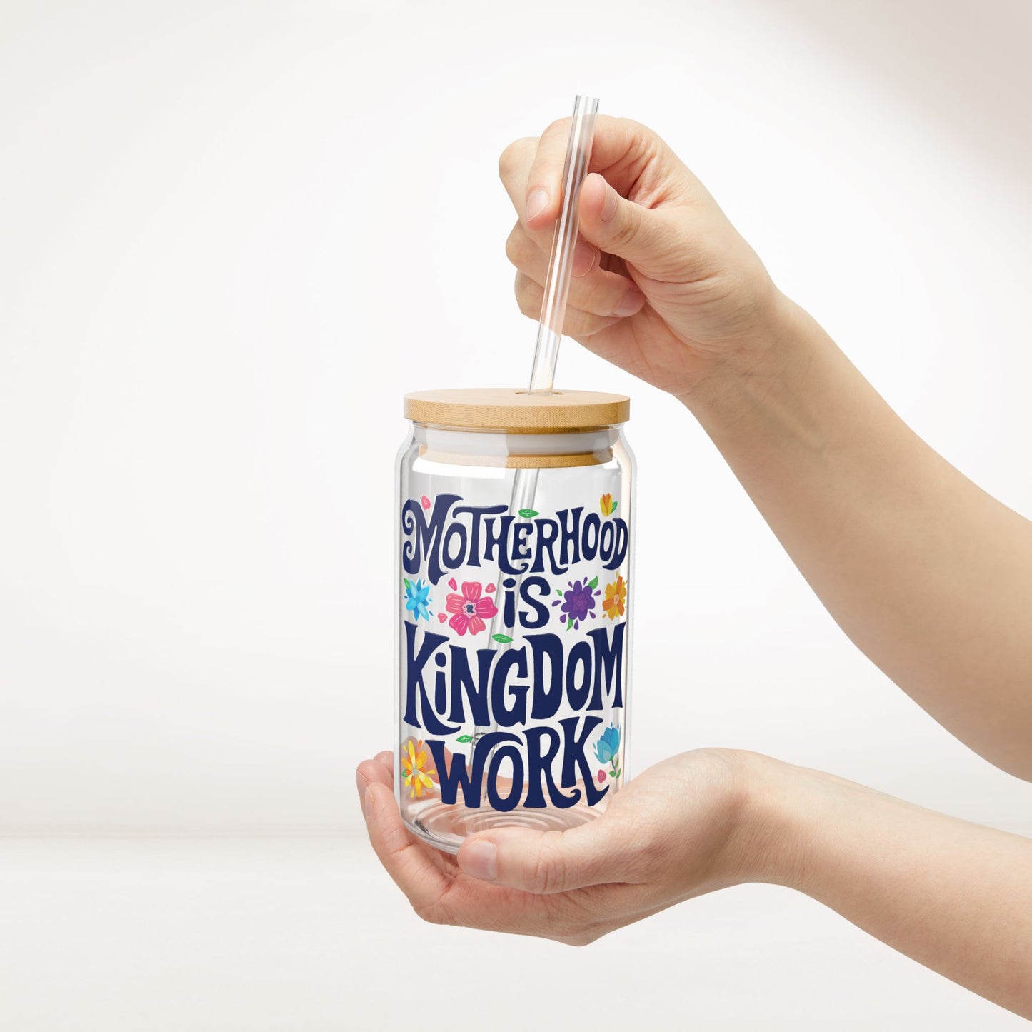 Motherhood is Kingdom Work Sipper Glass with Bamboo Lid & Straw - 16 oz