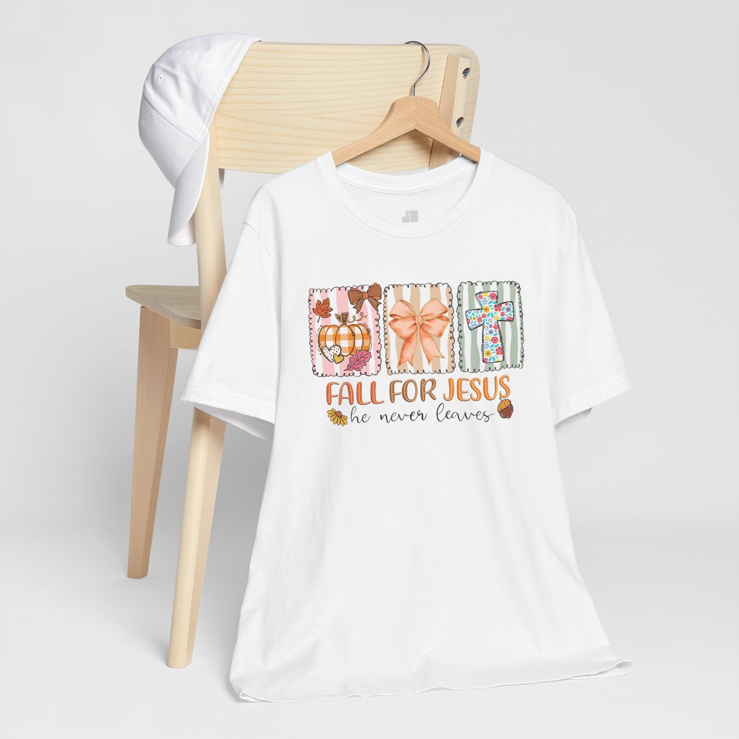 Fall For Jesus He Never Leaves Soft Cotton Tee - Fall Christian Shirt