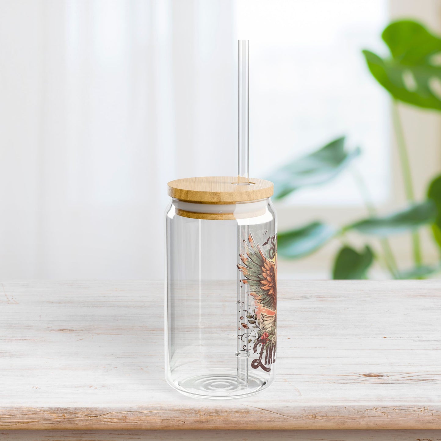 Soar on Wings Like Eagles Sipper Glass with Bamboo Lid & Straw - 16 oz