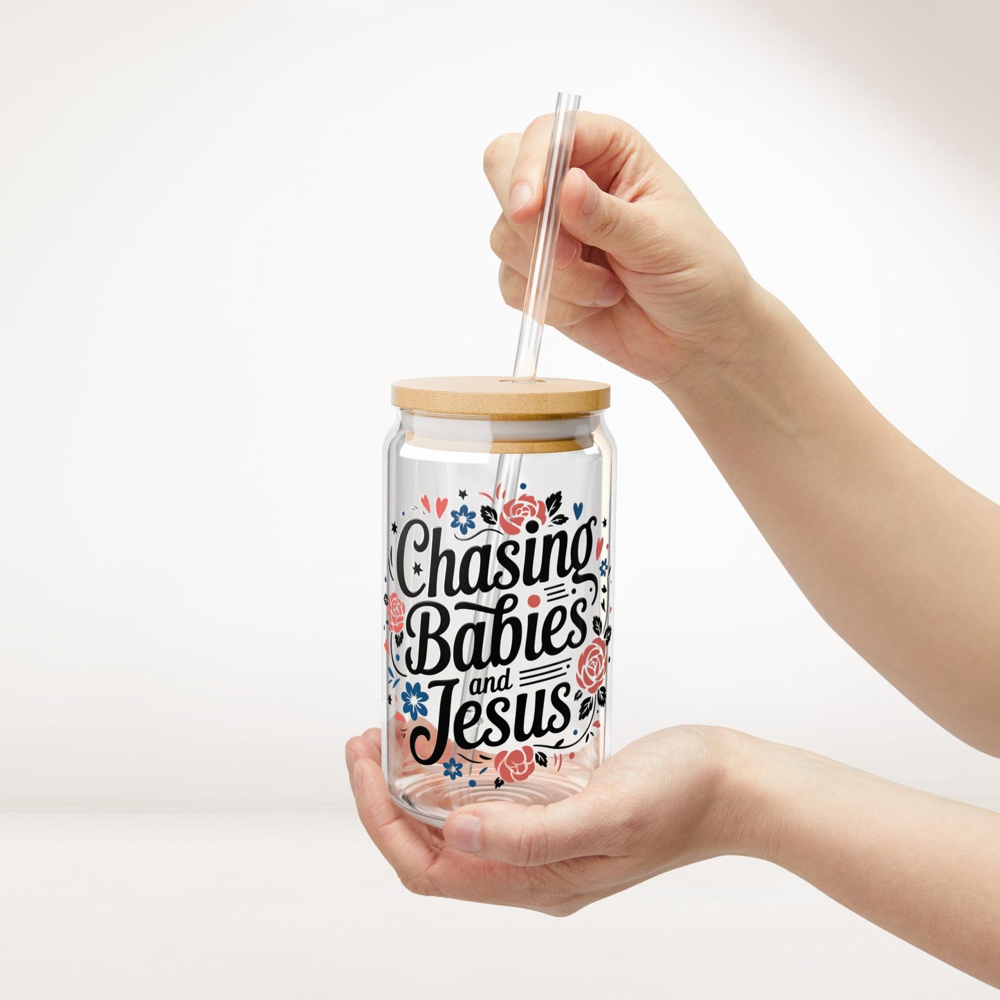 Chasing Babies & Jesus Sipper Glass with Bamboo Lid & Straw - 16 oz