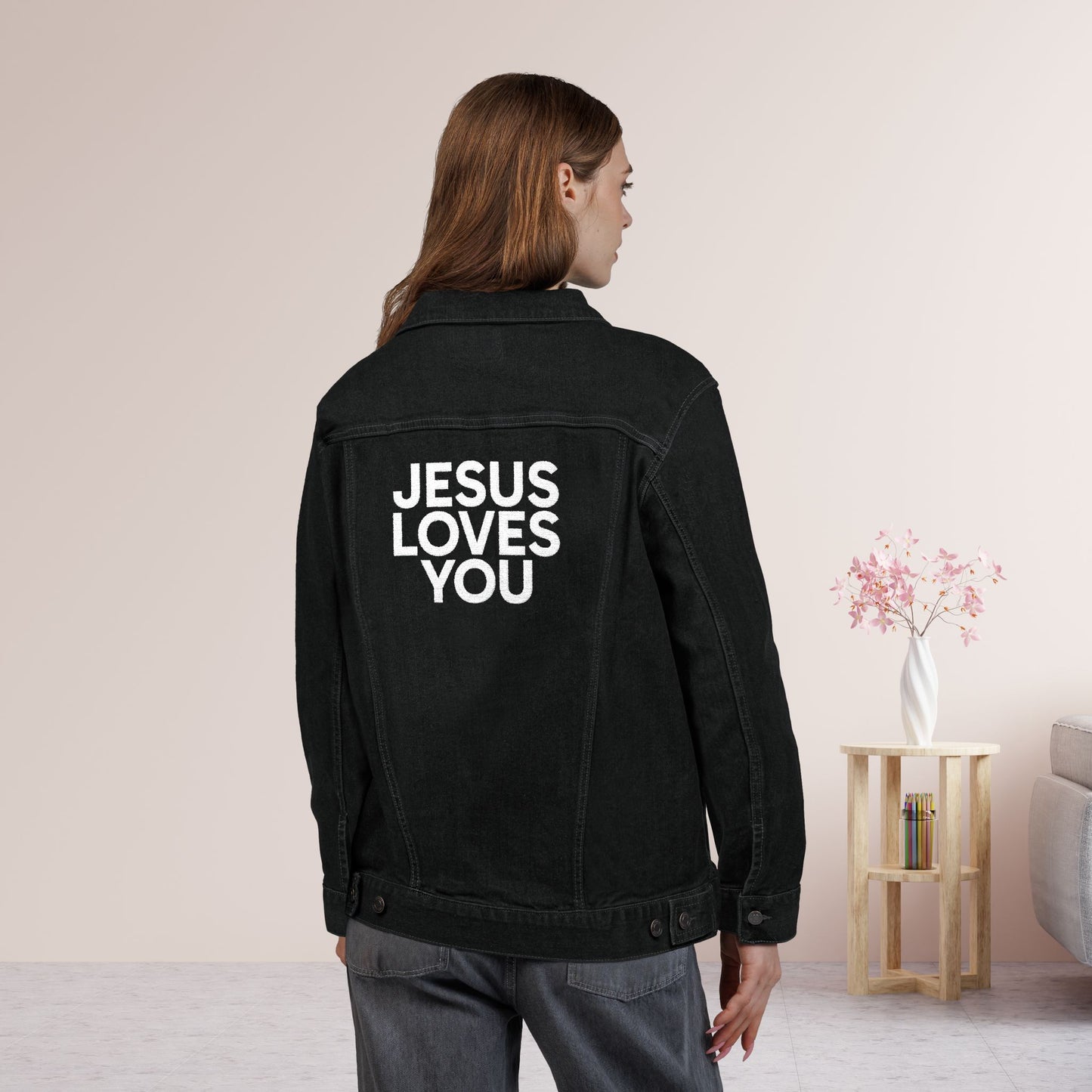 Embroidered Jesus Loves You Unisex Denim Jacket