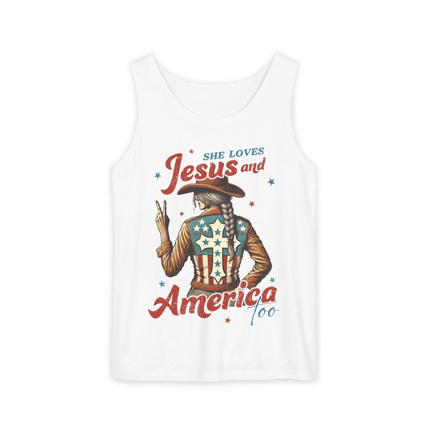 She Loves Jesus and America Too Comfort Colors Garment-Dyed Tank Top