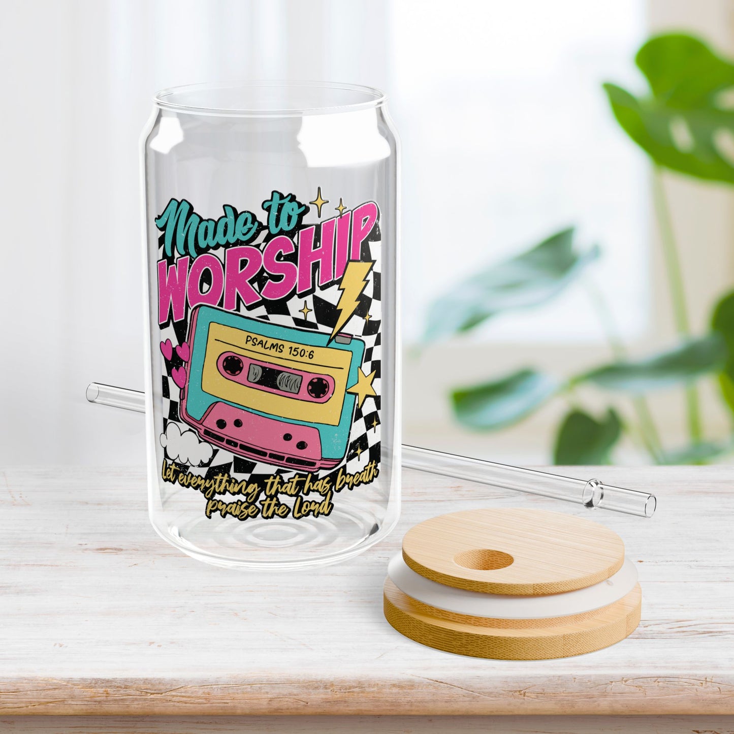Made to Worship Sipper Glass with Bamboo Lid & Straw - 16 oz