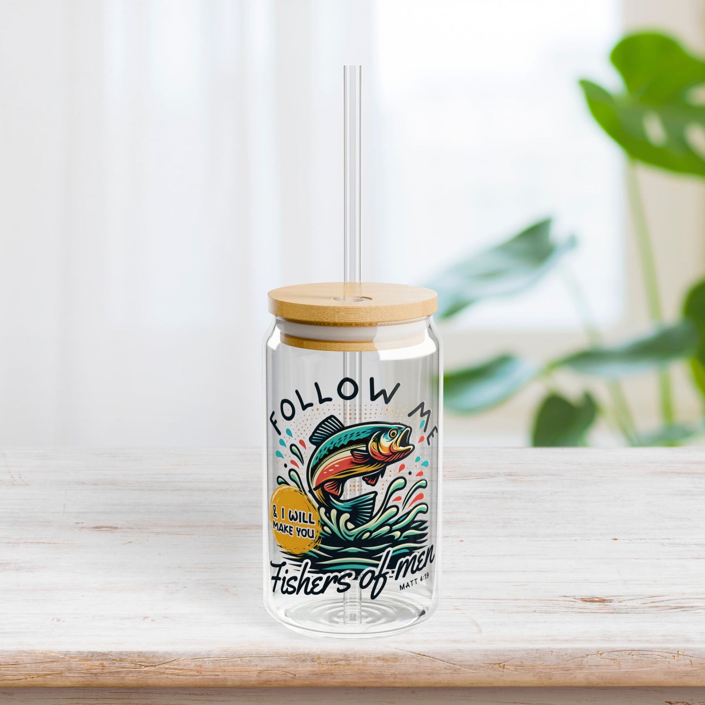 Follow Me Fishers of Men Sipper Glass with Bamboo Lid & Straw - 16 oz