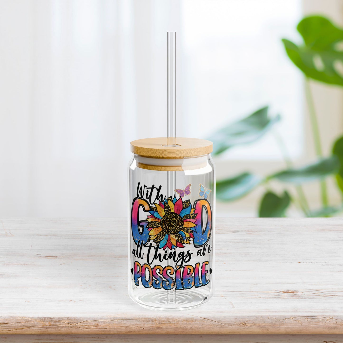 With God All Things Are Possible Sipper Glass with Bamboo Lid & Straw - 16 oz