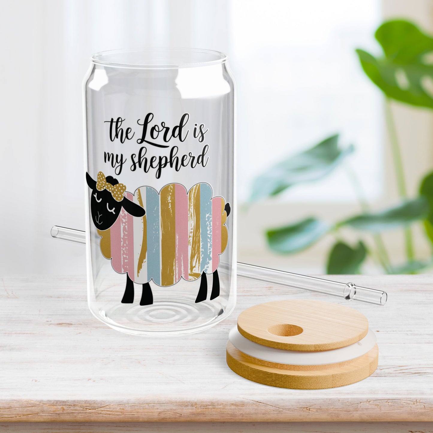 The Lord is My Shepherd Sipper Glass with Bamboo Lid & Straw - 16 oz