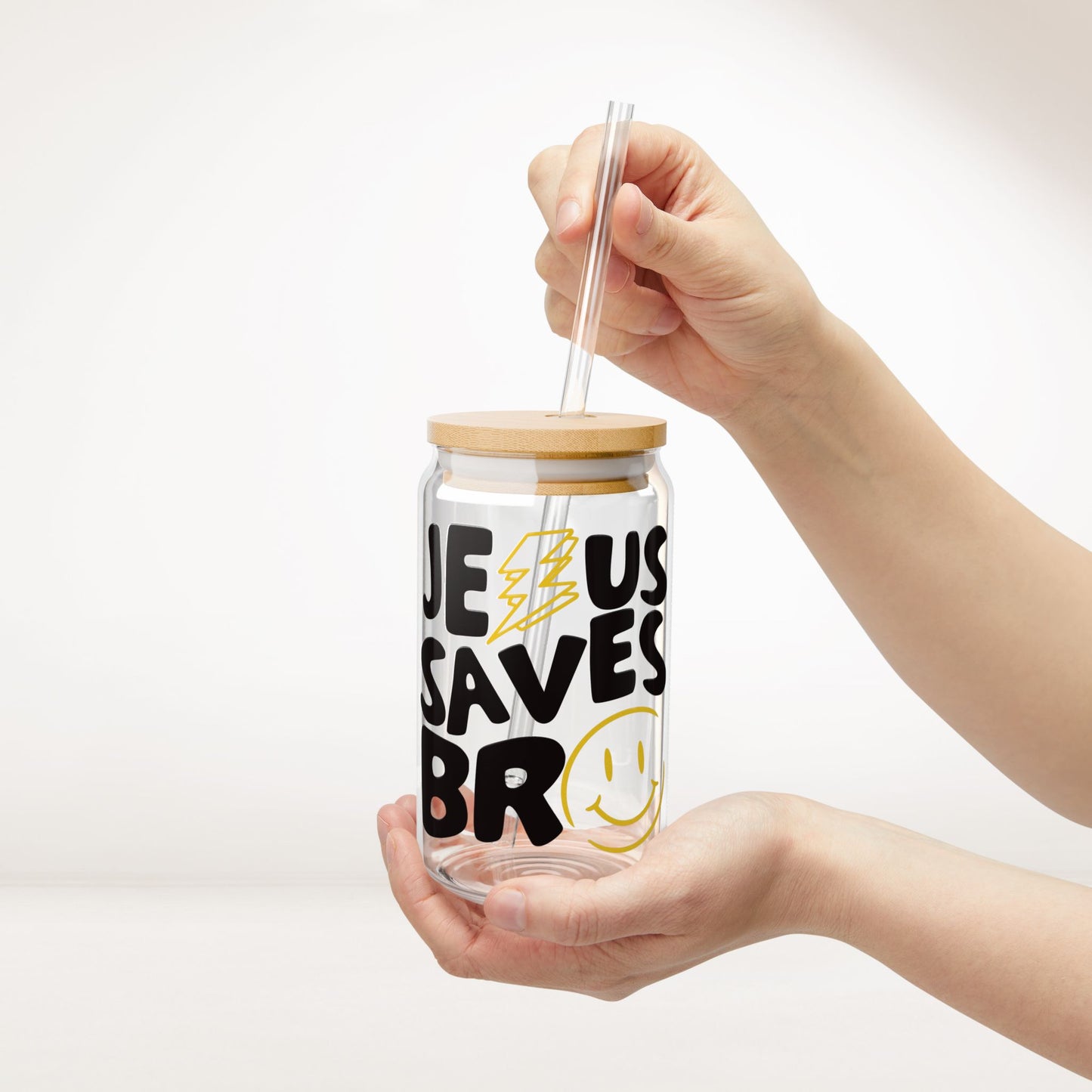 Jesus Saves Bro Sipper Glass with Bamboo Lid & Straw - 16 oz