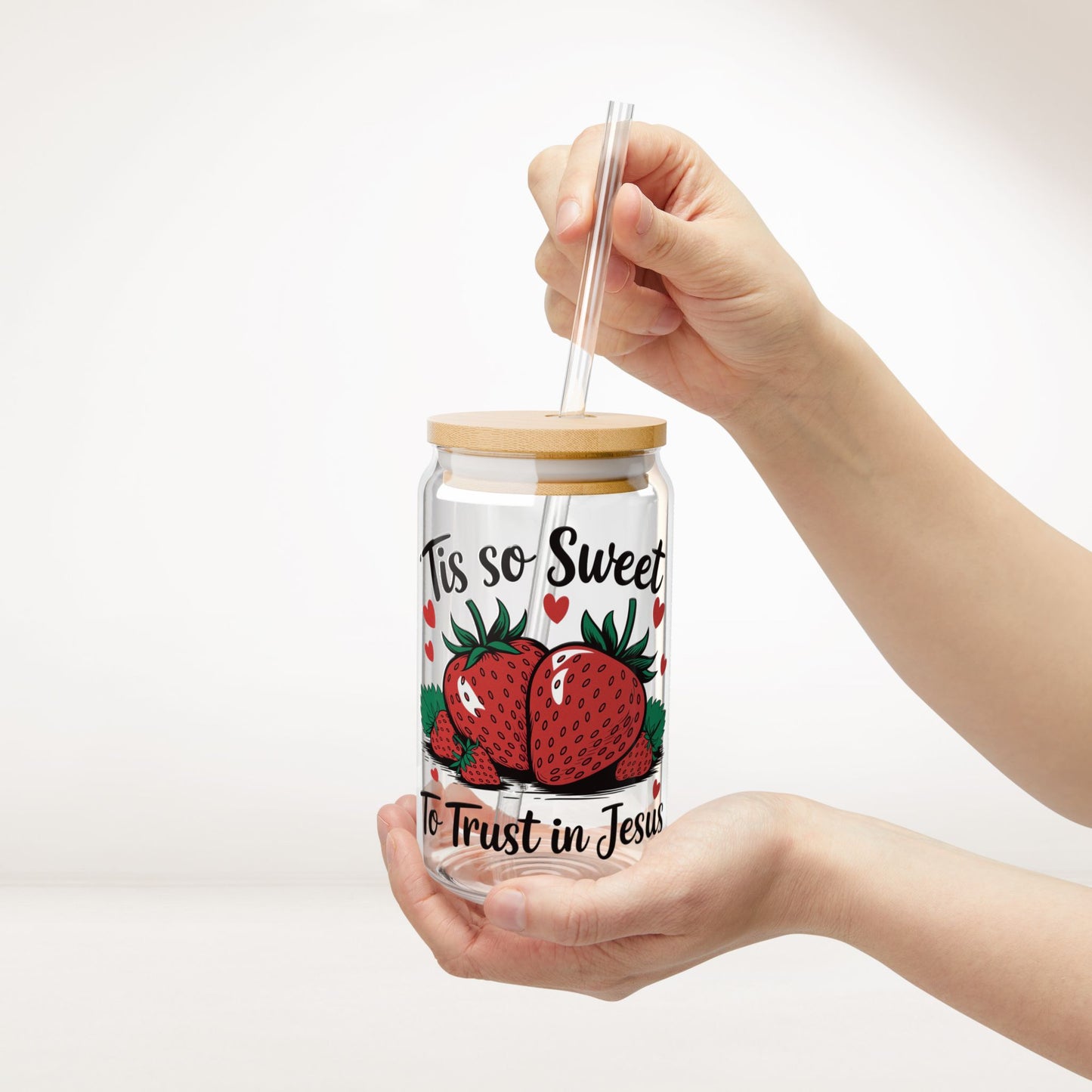 'Tis So Sweet to trust in Jesus Sipper Glass with Bamboo Lid & Straw - 16 oz