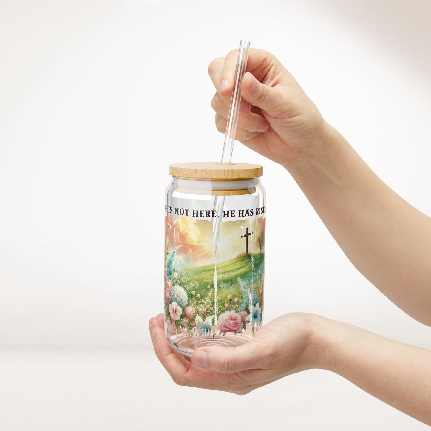 He Has Risen Sipper Glass with Bamboo Lid & Straw - 16 oz