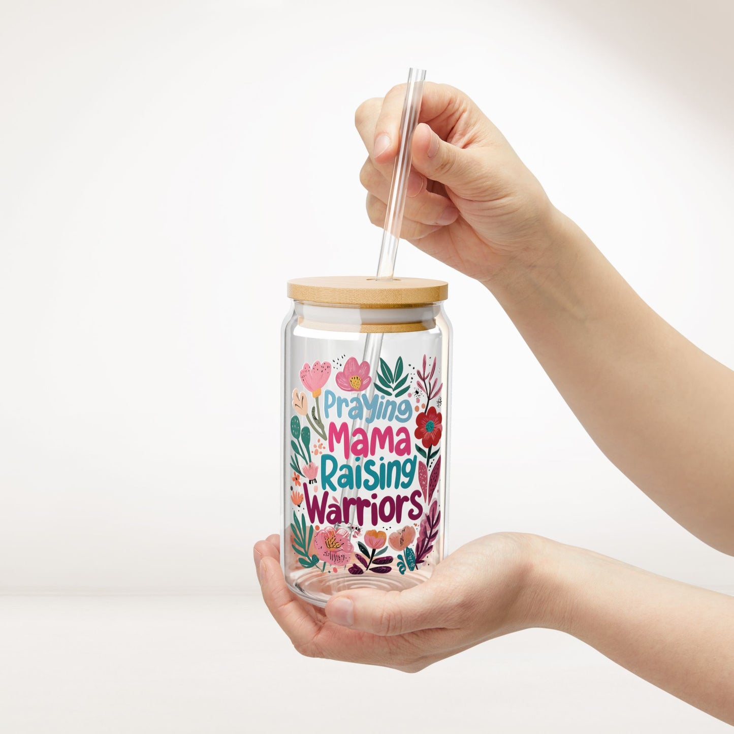 Praying Mama Raising Warriors Sipper Glass with Bamboo Lid & Straw - 16 oz