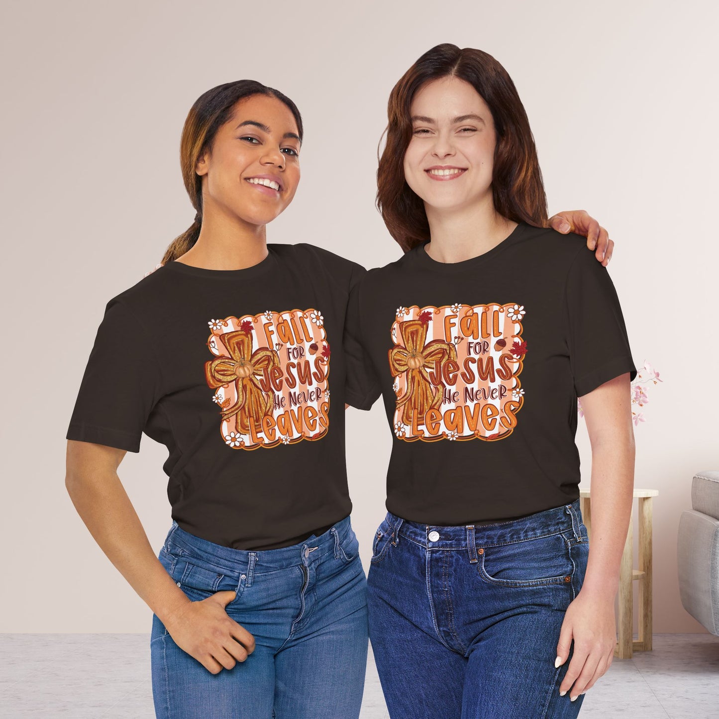 Fall for Jesus He Never Leaves Soft Cotton Tee - Fall Christian Tee