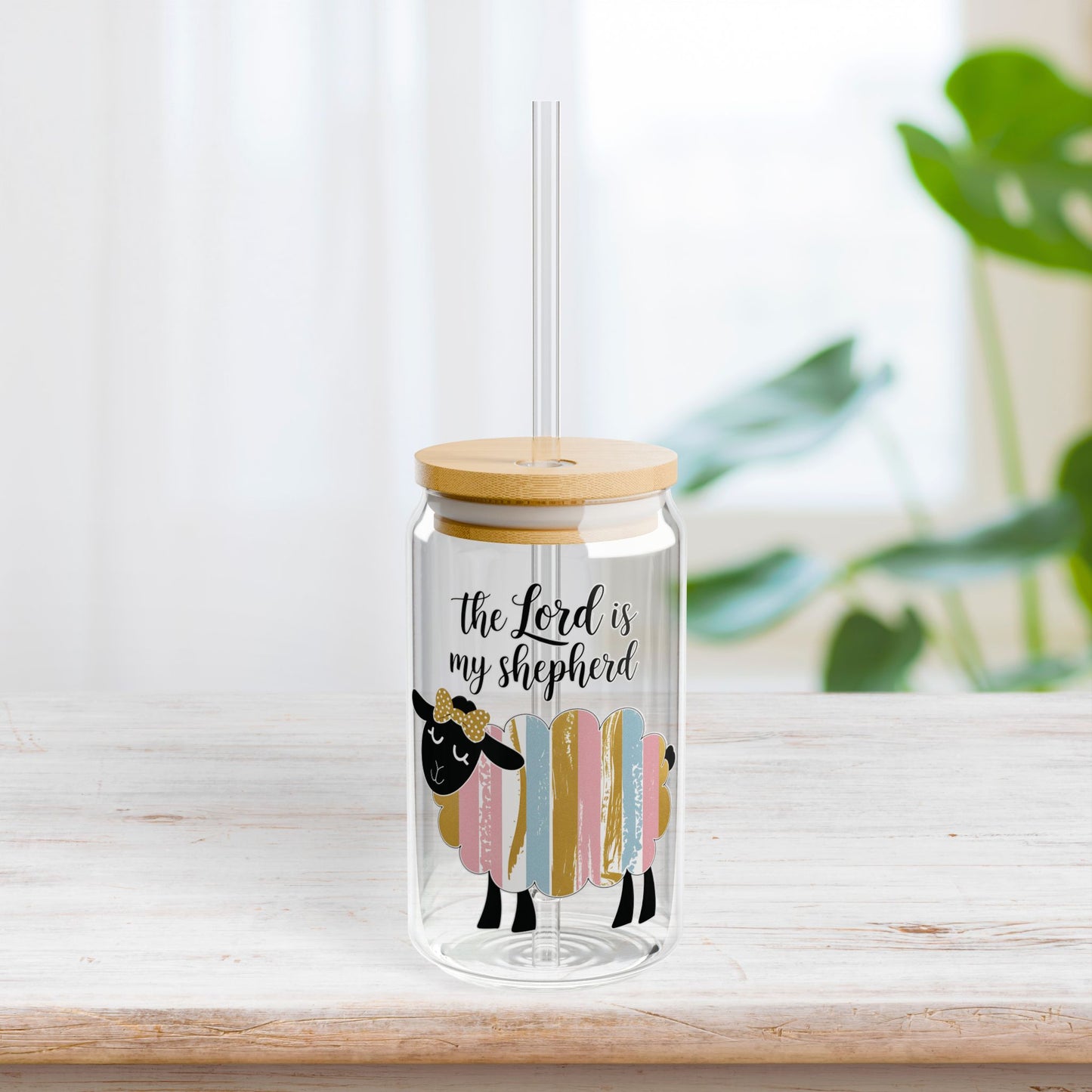 The Lord is My Shepherd Sipper Glass with Bamboo Lid & Straw - 16 oz