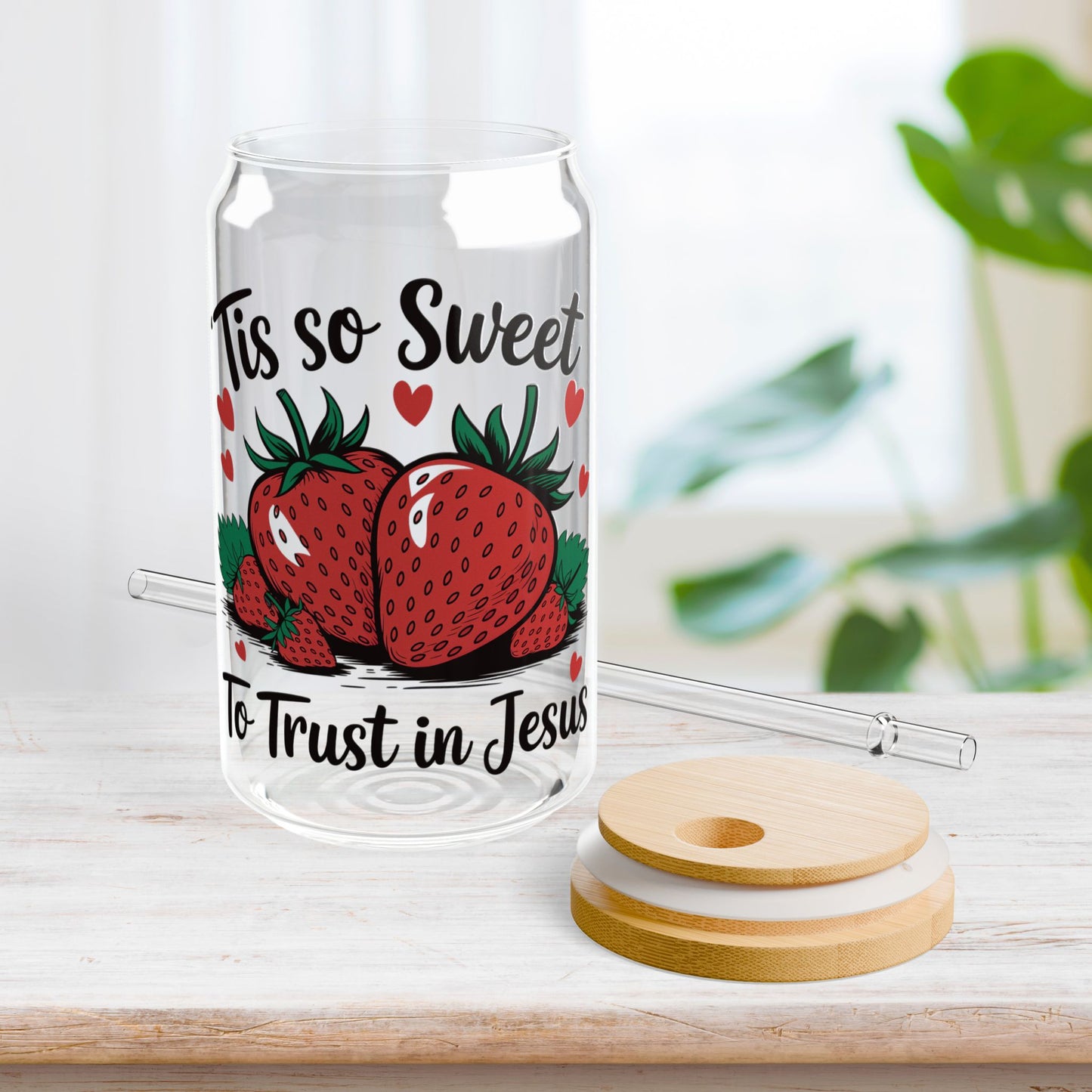 'Tis So Sweet to trust in Jesus Sipper Glass with Bamboo Lid & Straw - 16 oz